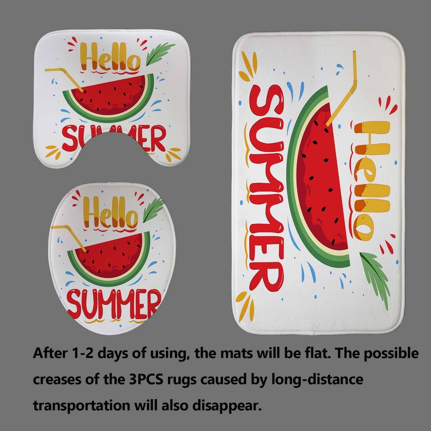 4PCS Hello Summer Shower Curtain Sets with Rugs, Funny Cute Watermelon Shower Curtain, Kids Adult Waterproof Fabric White Shower Curtain, Cartoon Red Fruit Cool Juice Holiday Bathroom Decor
