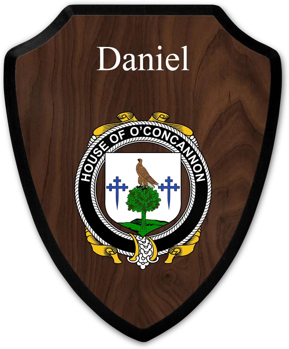 HARD EDGE DESIGN Family Coat of Arms Heritage Shield Plaque, Irish House Heraldry Mangan with Dark Wood Background
