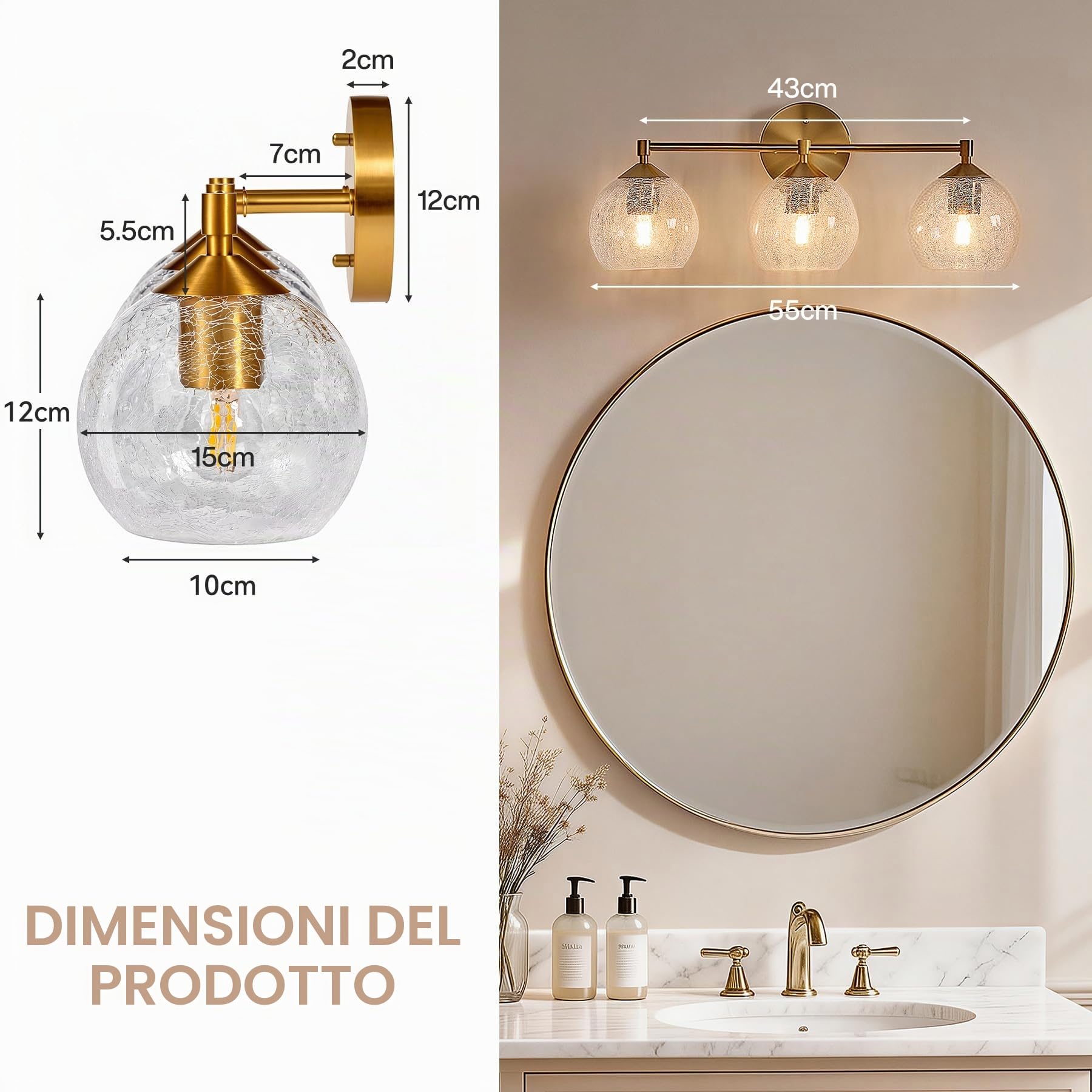 Tribesigns Applique Bagno 3 Luci, Lampada da Specchio Dorata con Sfere in Vetro Craquelé, Applique Murale E27 con Lampadine Incluse, Larghezza 43 cm, Illuminazione Moderna per Specchio Bagno, Lavabo