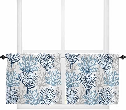 Tier Curtains 36 Inch Length - 2 Panels, Navy Blue Coral Coastal Rod Pocket Curtain Panels, Summer Beach Seaside Nautical Window Treatment for Bedroom/Bathroom/Kitchen, 55W x 36L Inch