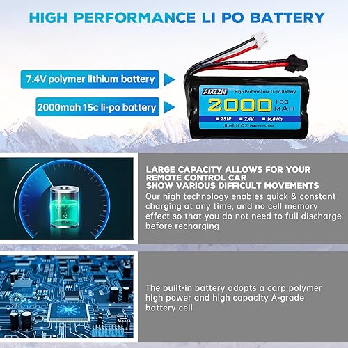Miniatura 5 de Batería Lipo de 7.4V 2000mAh 15C 2S con enchufe SM-2P y cargador USB para H105 H103 H101 Control remoto y MN D99 D99s D90/91 RC Car, compatible con
