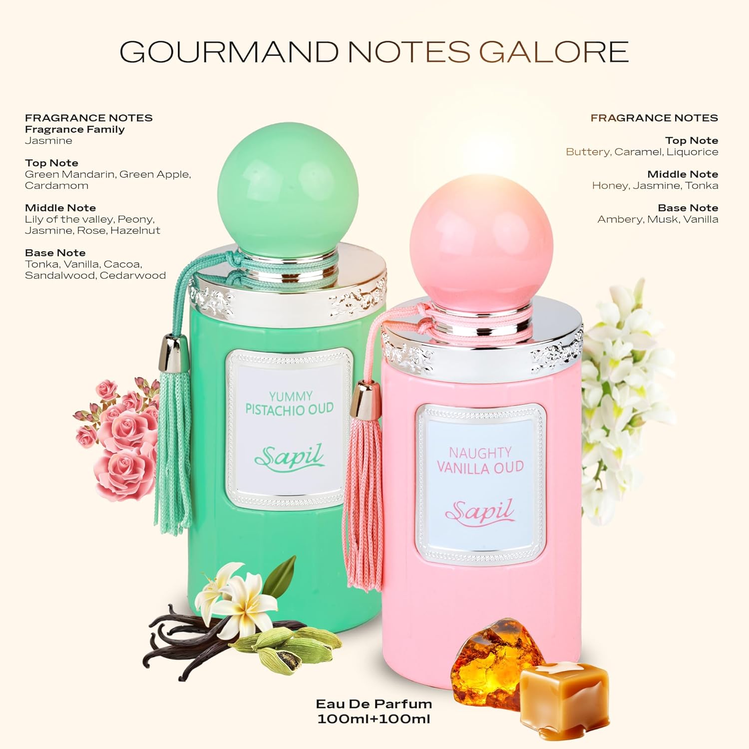 Sapil Yummy Pistachio & Naughty Vanilla Oud Perfume Set – Long-Lasting Arabic Fragrance for Men & Women – Sweet Gourmand Scent with Vanilla, Caramel, Hazelnut, Woody & Floral Notes – 3.38 oz Each - Image 2