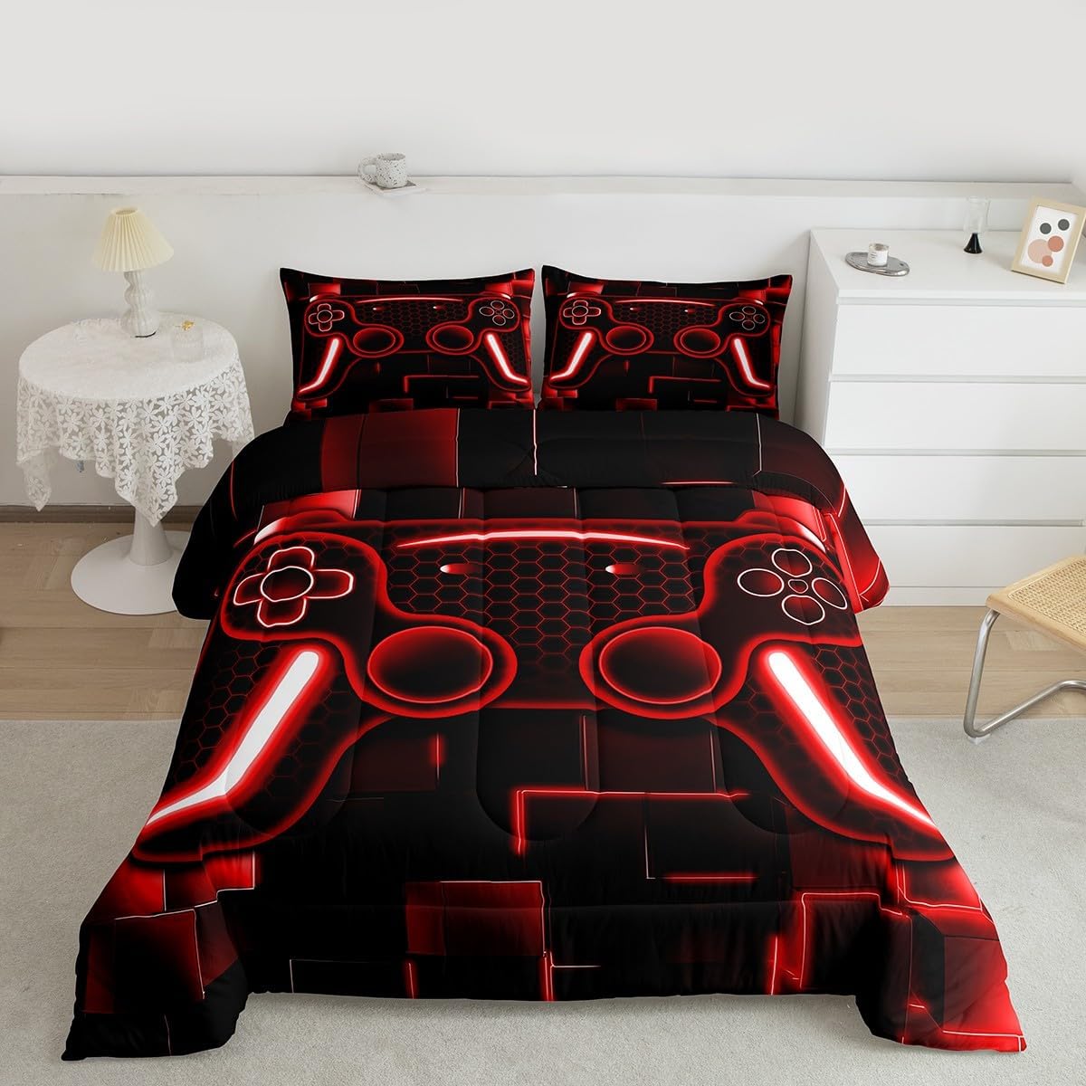 Kids Gaming Twin Size Comforter Game Bedding Sets For Boys Child Teen Gamer Down Comforter All Season Reversible Game Controller Home Decor,1 Quilt With 1 Pillowcase,Red Black Ombre Honeycomb