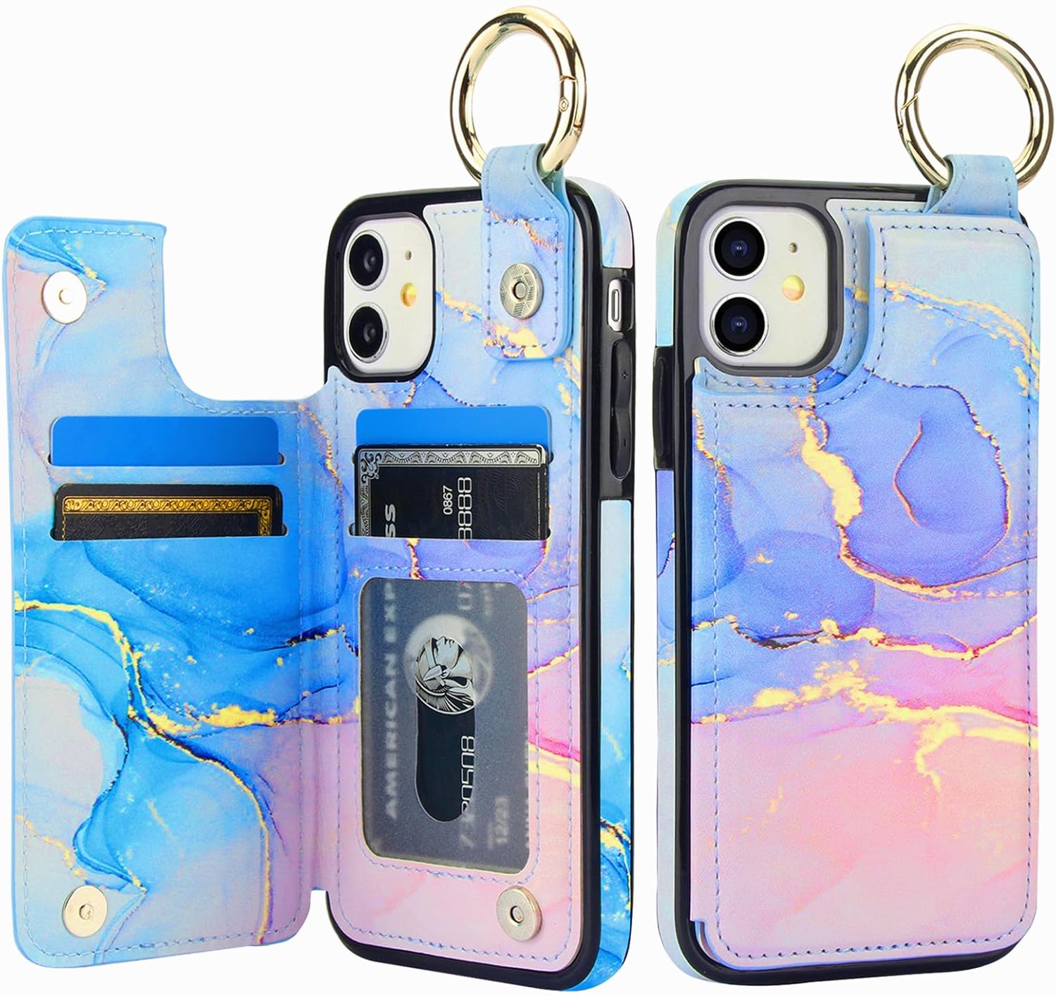 HAOPINSH for iPhone 11 Wallet Case with Card Holder, Pink Blue Marble Print Back Flip Folio PU Leather Kickstand Card Slots Case, Finger Grip Ring Double Magnetic Clasp Shockproof 6.1"