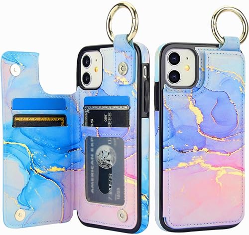 Miniatura 7 de HAOPINSH Funda tipo cartera para iPhone 11 con tarjetero, diseño de mármol rosa y azul con tapa trasera, funda de piel sintética con ranuras para