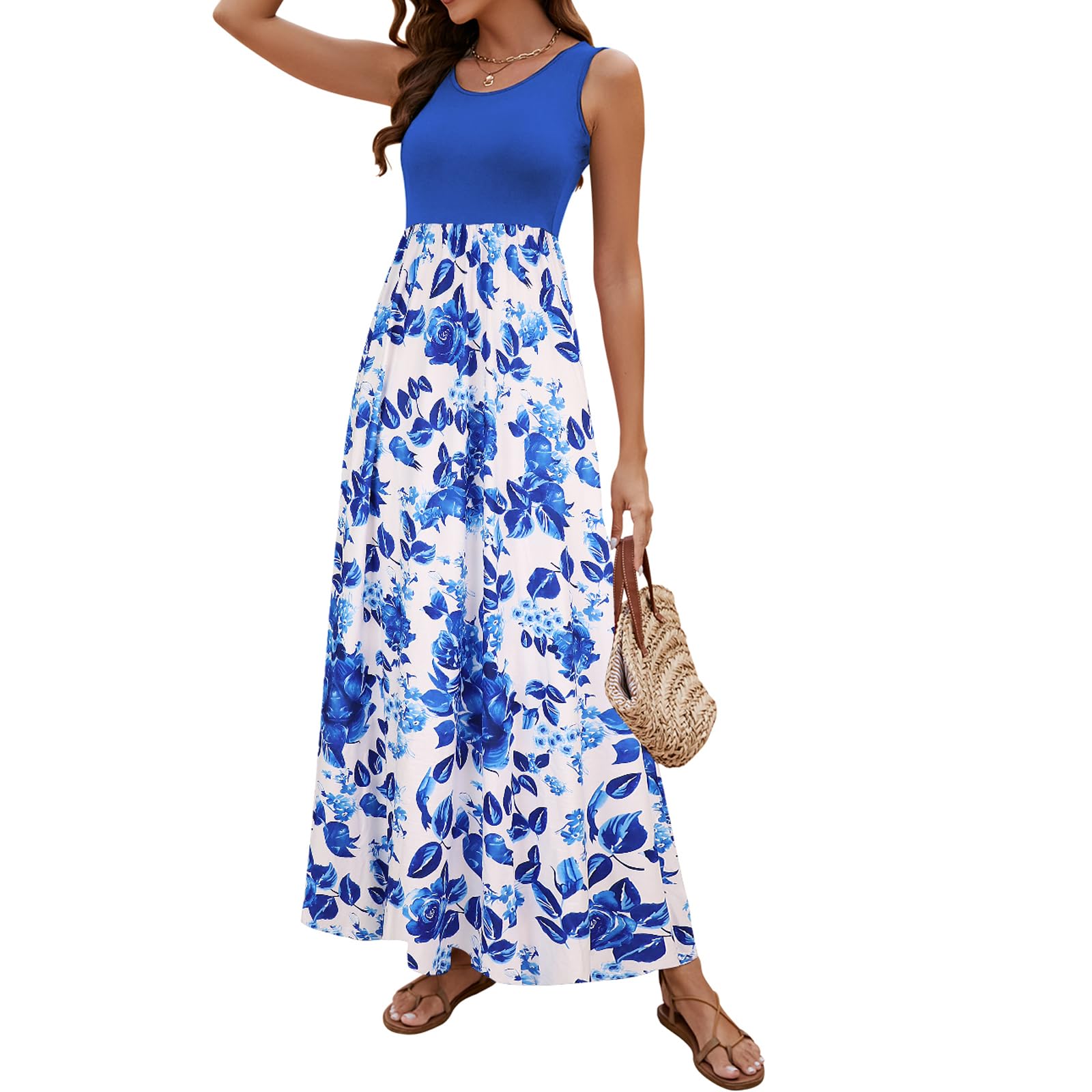 Sherosa Women Boho Chevron Striped Floral Printed Summer Sleeveless Tank Long Maxi Party Dress