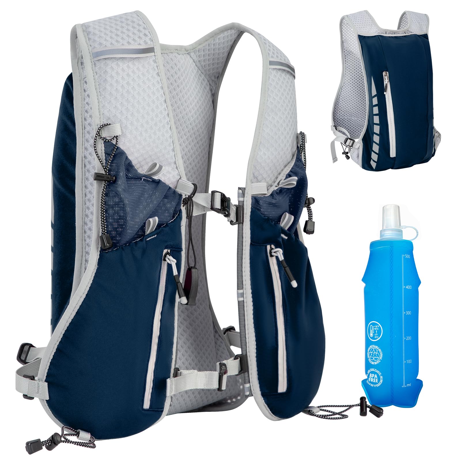 Expansea Zaino da Corsa 7L, Super Leggero Zaino Uomo & Donna, Tasche Multiple, Running Vest With Borraccia Morbida 500ml per Ciclismo, Maratona,Corsa, Arrampicata e Altri Sport All'Aria Aperta