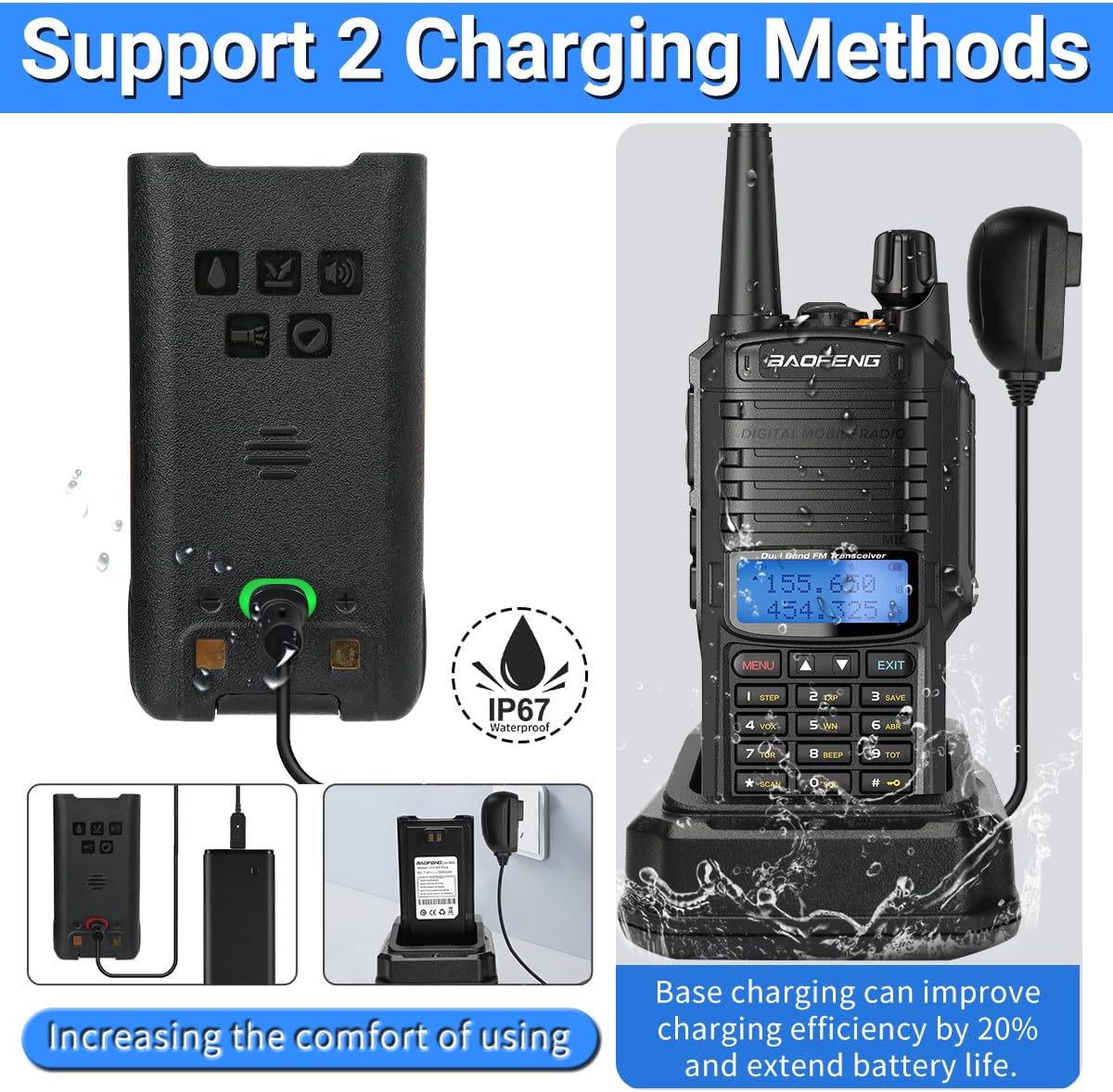 Image showing the BAOFENG UV-9R Plus radio being charged via its desktop charging base and also highlighting the Type-C charging port on the battery.