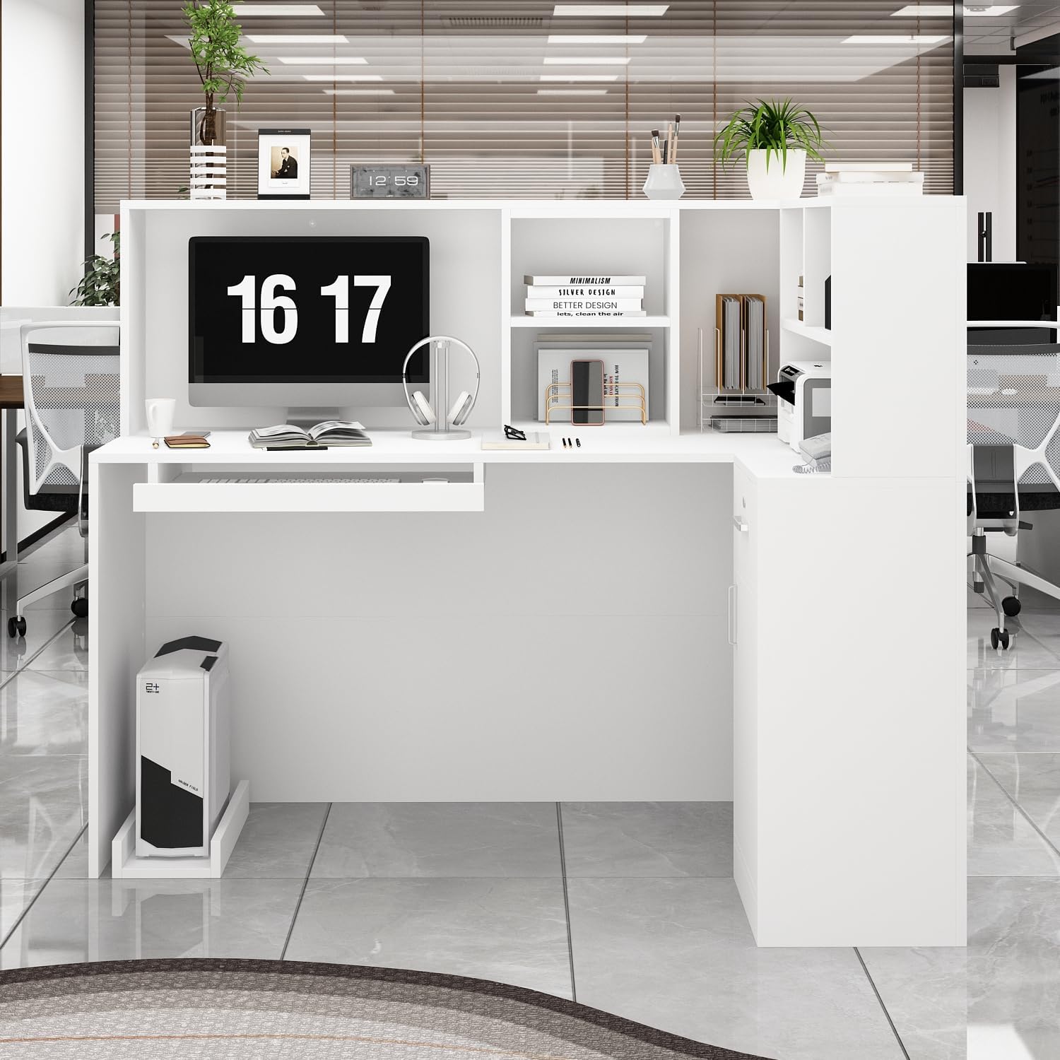 Mostrador de Recepción Blanco en L 142cm – Caja Esquinera con Cajón de Teclado, Soporte para PC, Cajón con Llave y 5 Compartimentos – Mostrador para Oficina, Salón, 142×82×123cm