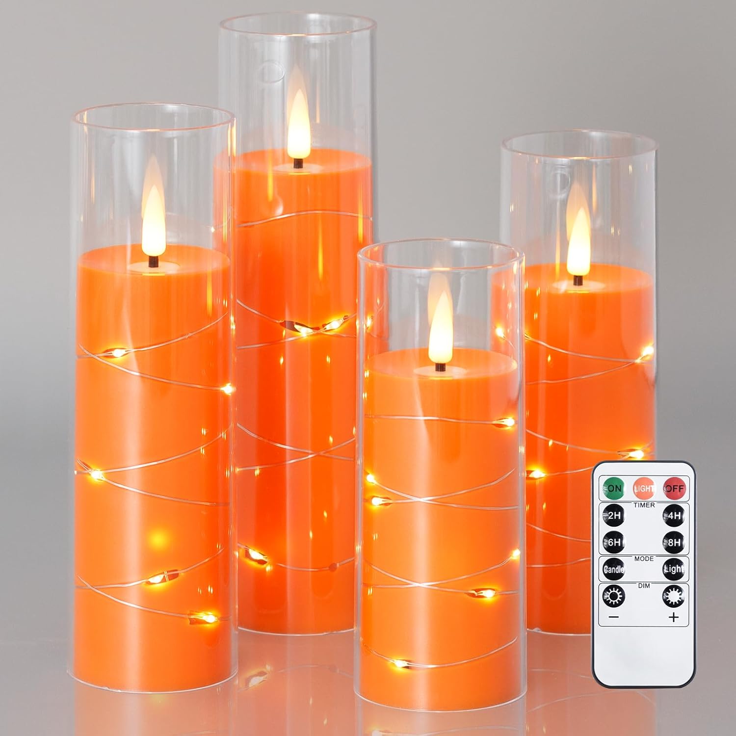 Yeelida Orange Flameless Halloween Candles with Remote and String Light, 2.2" x 5",6",7",8" LED Battery Operated Plastic Flickering Pillar Candles for Halloween(4pcs,Turn On/Off String Light Mode)