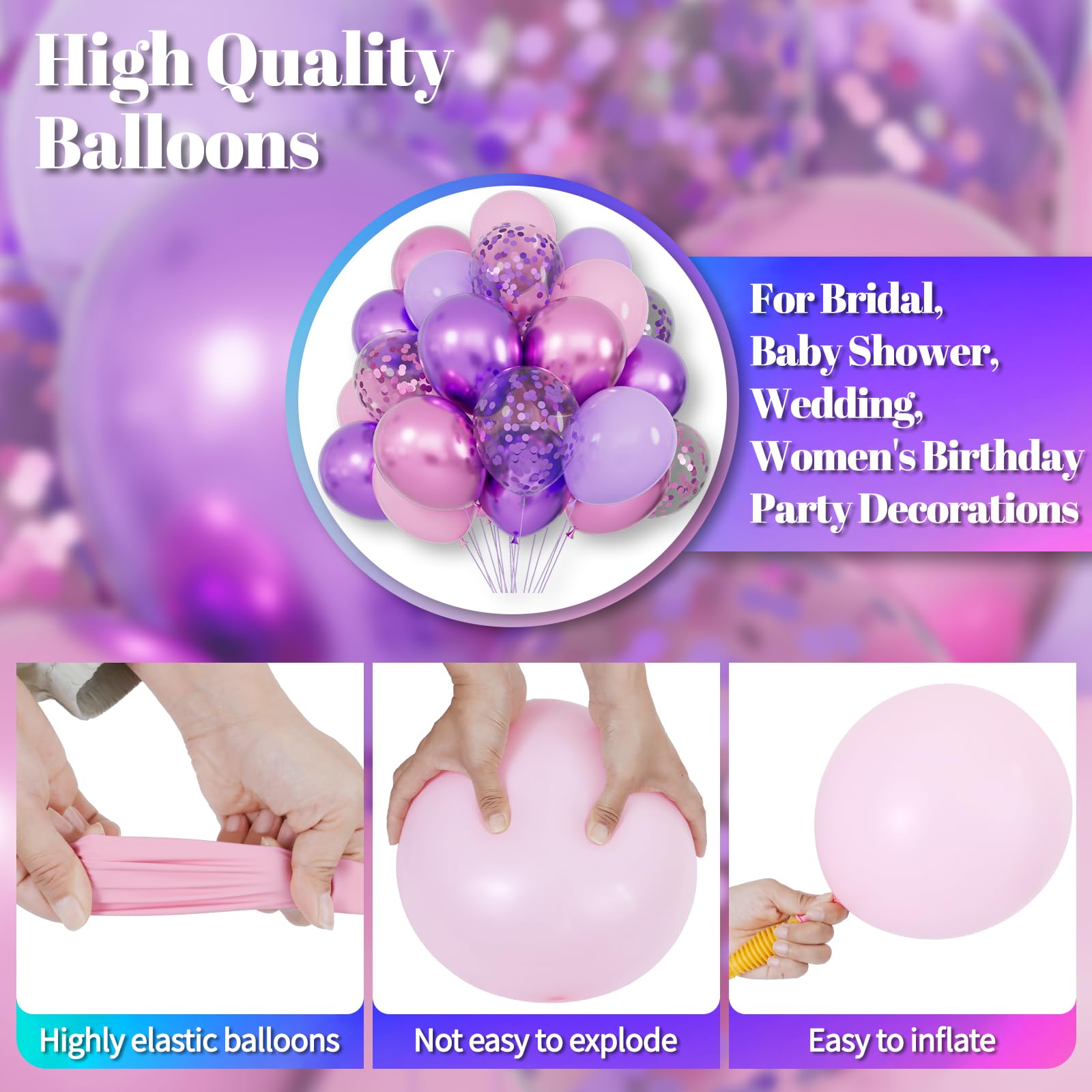 Różowe i fioletowe balony, 168 szt., 30 cm, metaliczne, fioletowe, różowe, lateksowe balony z konfetti, balony imprezowe dla dziewcząt, na urodziny, baby shower, dekoracje weselne