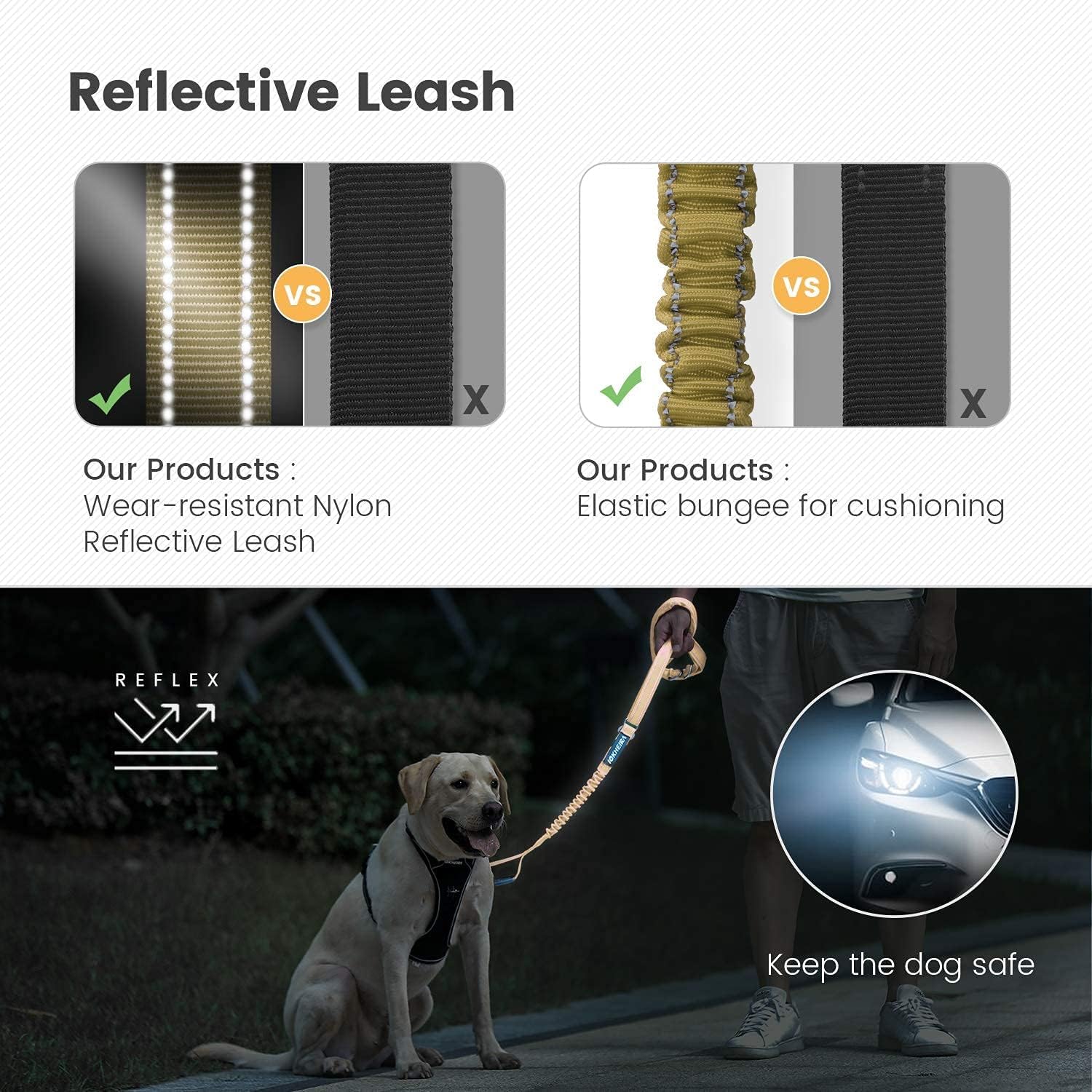 IOKHEIRA Guinzaglio per cani, guinzaglio regolabile (1,2-1,8 m) con cintura di sicurezza per cani, comodo manico imbottito e fili riflettenti (verde)