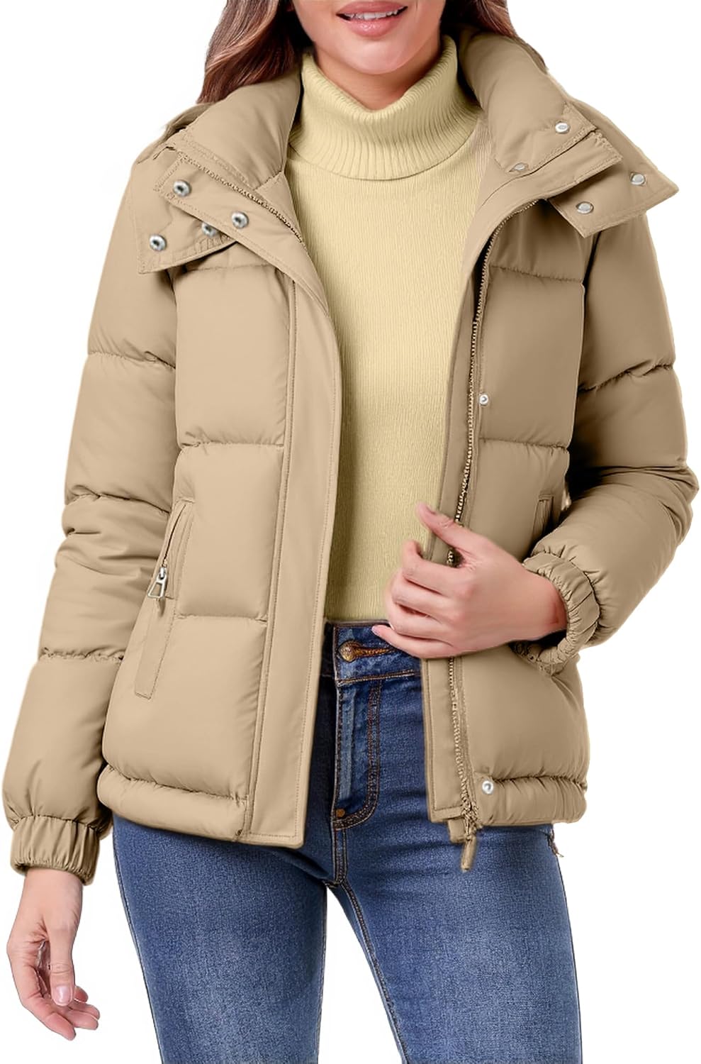 hathne Women's Cropped Puffer Jacket Coats Winter Zip Up Hooded Short Warm Padded Jacket Outerwear