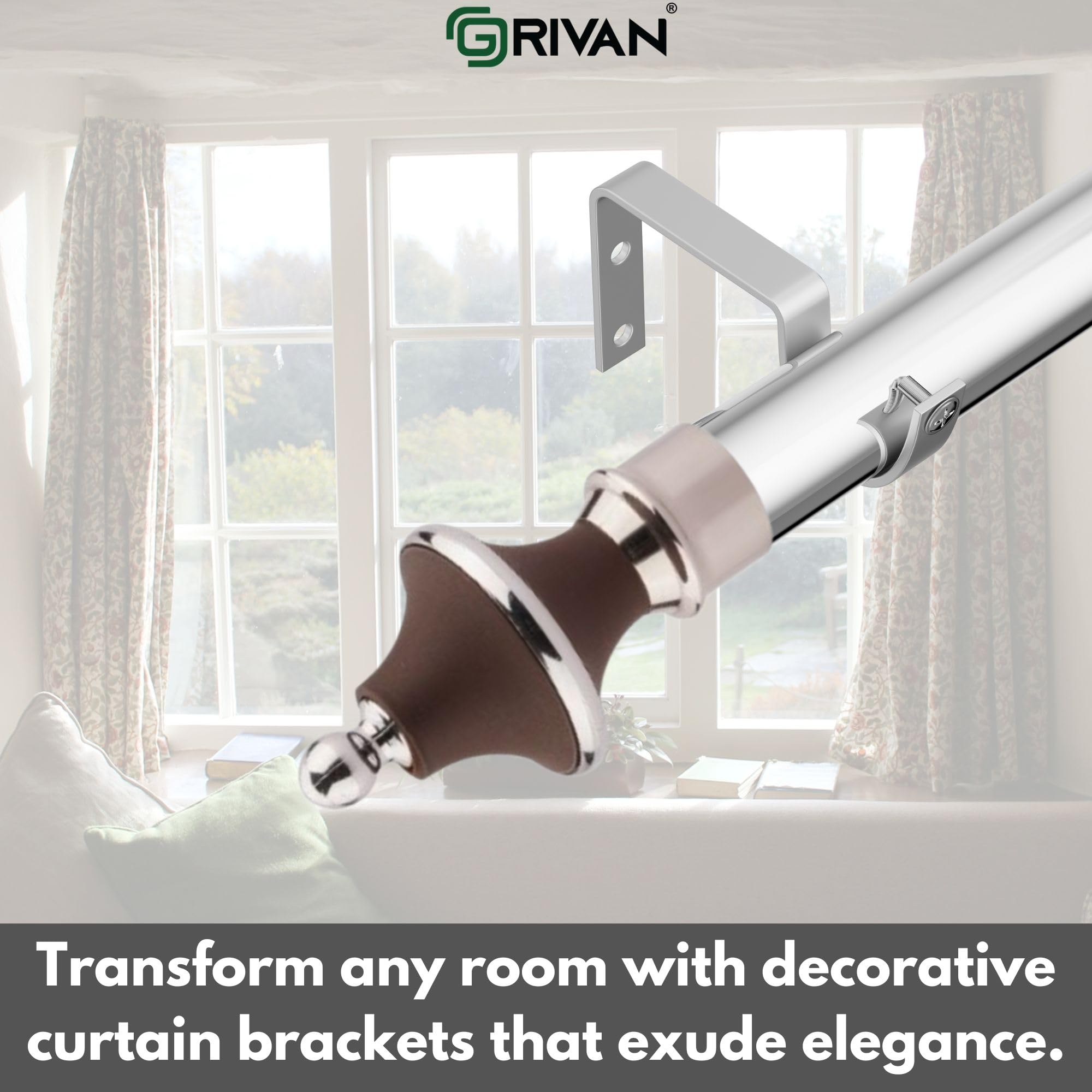 GRIVAN Stainless Steel & ABS Curtain Bracket Parda Holder with Support 1 Inch Rod Pocket Finials Designer Door and Window Rod Support Fittings, Curtain Rod Holder (Pair of 6, Dark Brown) 3