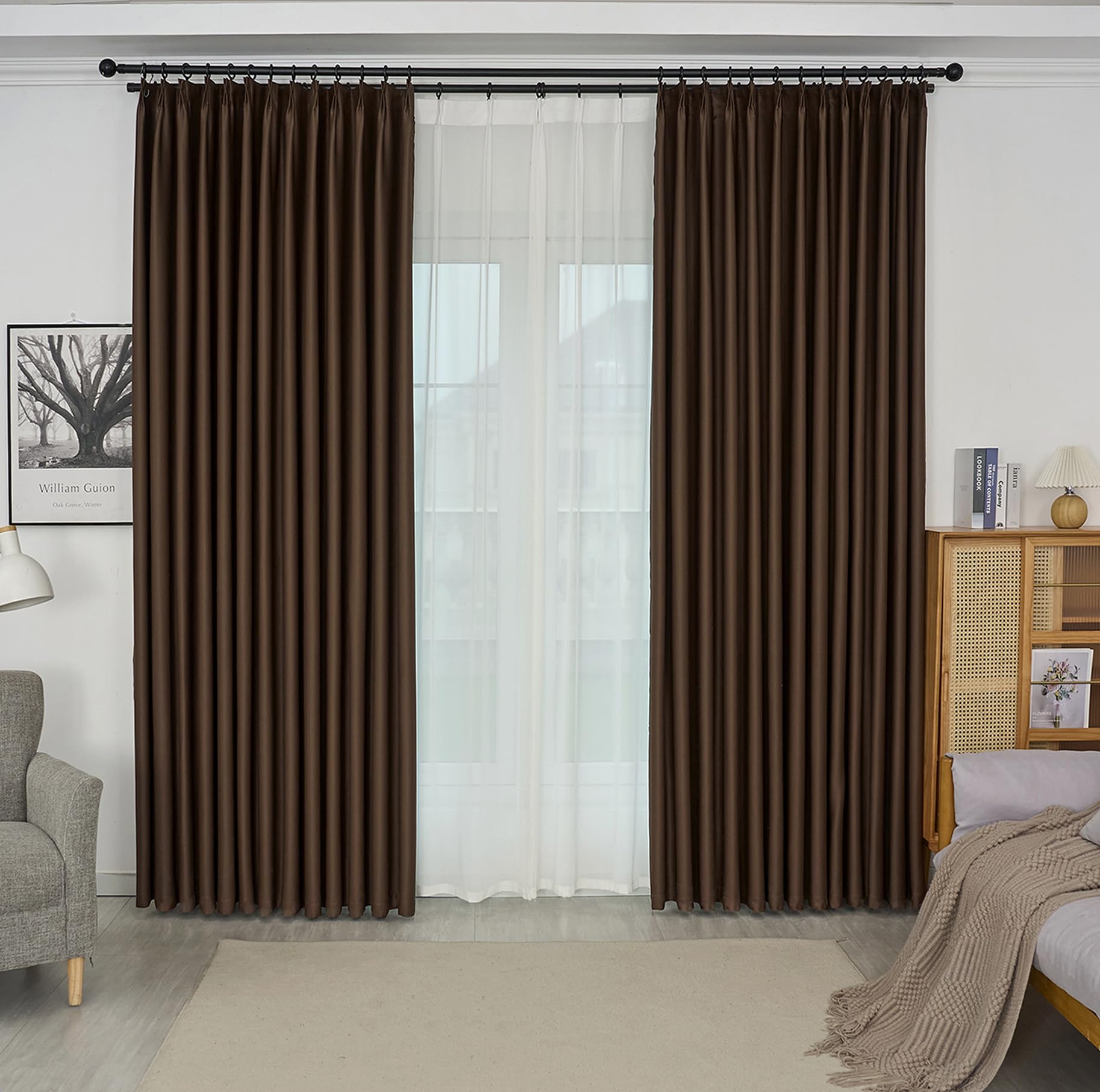 108 Inch Length Curtains Pinch Pleated for Living Room, Room Darkening Double Pinch Pleated Drapes 1 Panel with Tieback and Hooks, Chocolate Brown (72" x 108", 1 Panel)