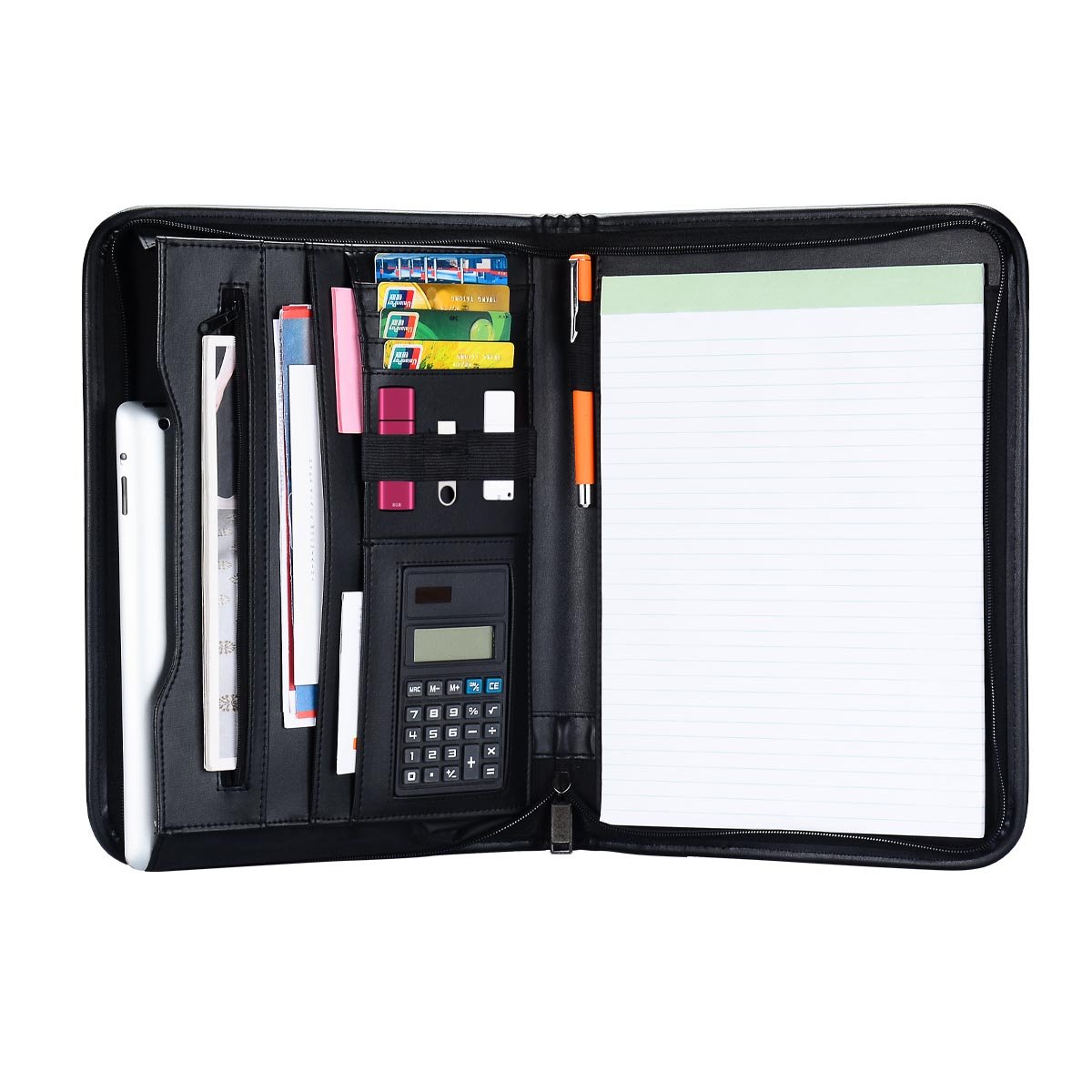 Refoc Padfolio Portfolio with 10.1 inch Tablet Sleeve, Professional Interview and Business PU Leather Folder with Zippered Closure, Writing Pad, Calculator, Card Holder, Black