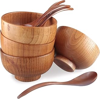 Handmade Wood Bowls,Jujube Wooden Japanese Bowl with Matching Spoon for Rice,Soup,Dip,Salad,Tea,Decoration 4 Sets(4 Bowls 3.8 IN + 4 Spoons)