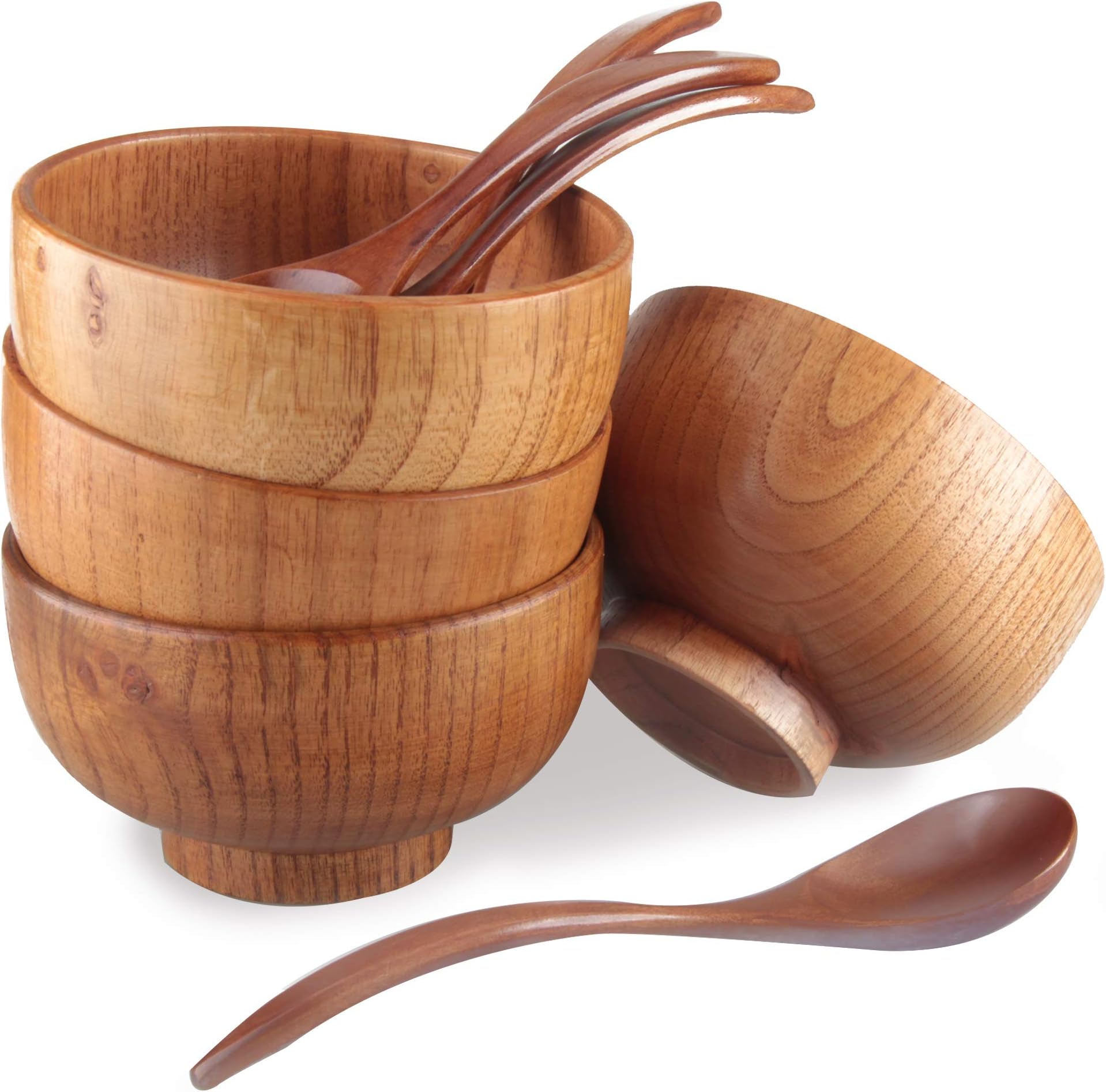 Handmade Wood Bowls, Jujube Wooden Japanese Bowls with Matching Spoon for Rice, Soup, Dip, Salad, Tea, Decoration 4 Sets (4 Bowls 4.2 in + 4 Spoons)
