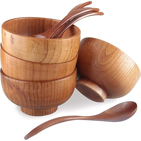 Originalidad Handmade Wood Bowls, Jujube Wooden Japanese Bowls with Matching Spoon for Rice, Soup, Dip, Salad, Tea, Decoration 4 Sets (4 Bowls 4.2 IN + 4 Spoons)