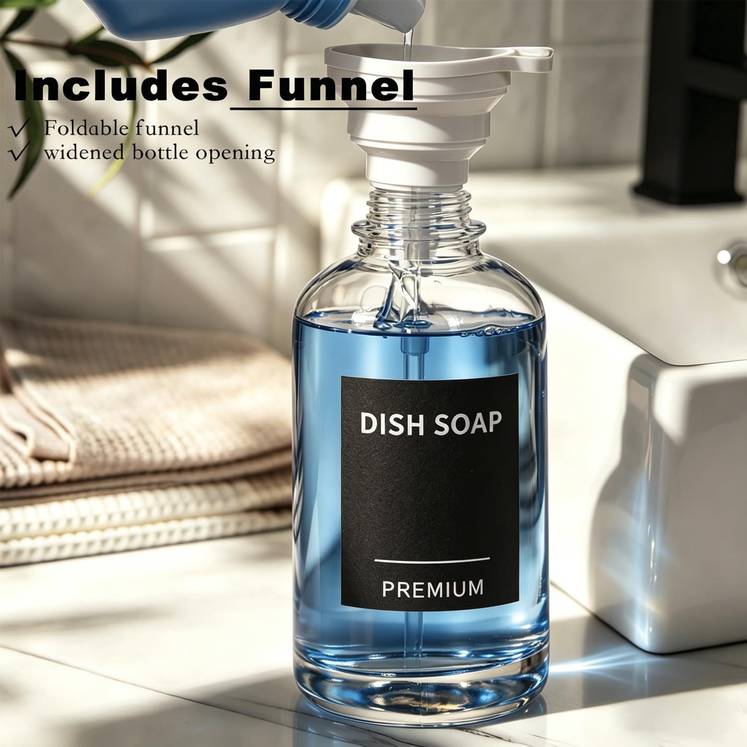 Dispenser di sapone per piatti da cucina, dispenser di sapone a mano in vetro con pompa, vassoio, imbuto per bagno, doccia, lavanderia, liquidi, lozioni (confezione da 2 bottiglie trasparenti da 510