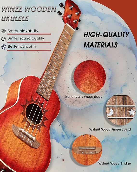 Winzz 23 inch Ukulele Concert for Adults Beginners, for Kids age 6+,Mahogany Body, Unique Design Starter Kit (Carbon Strings, Matte Sunburst)