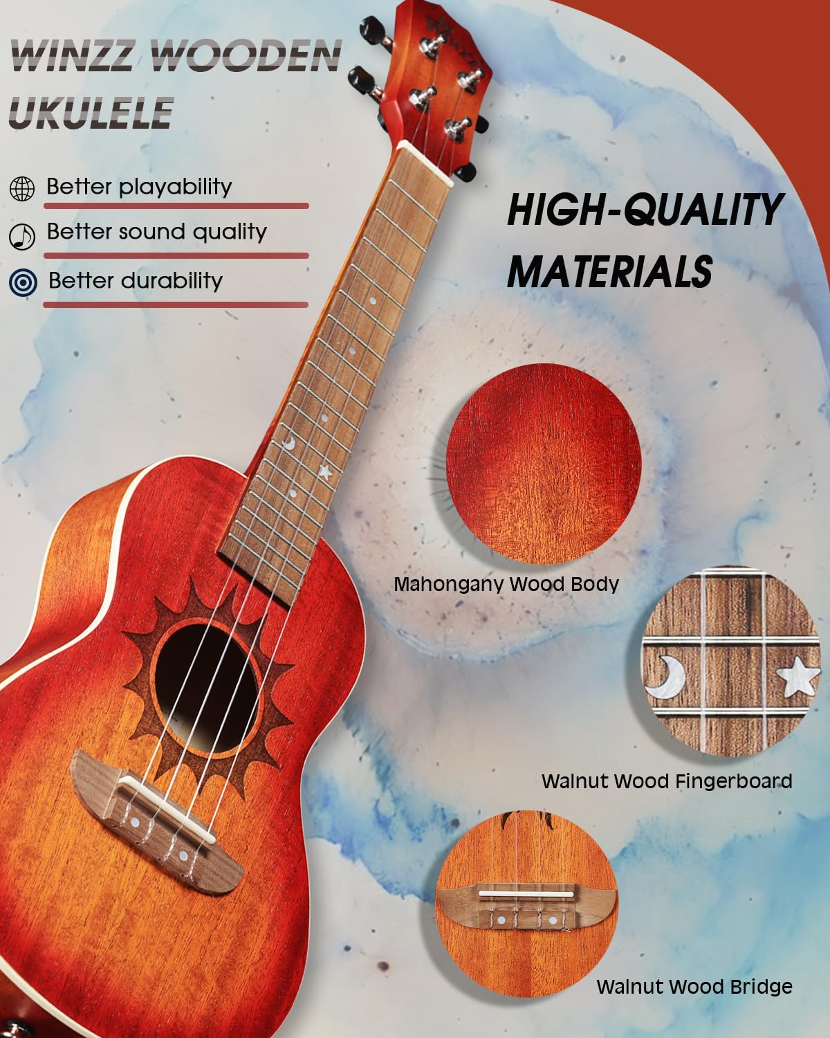 Winzz Ukulélé de Concert 23 Pouces en Acajou pour Adultes et Débutants - Kit de Démarrage, Cadeau Unique pour Enfant, Design Unique (Cordes Carbone, Matte Sunburst)