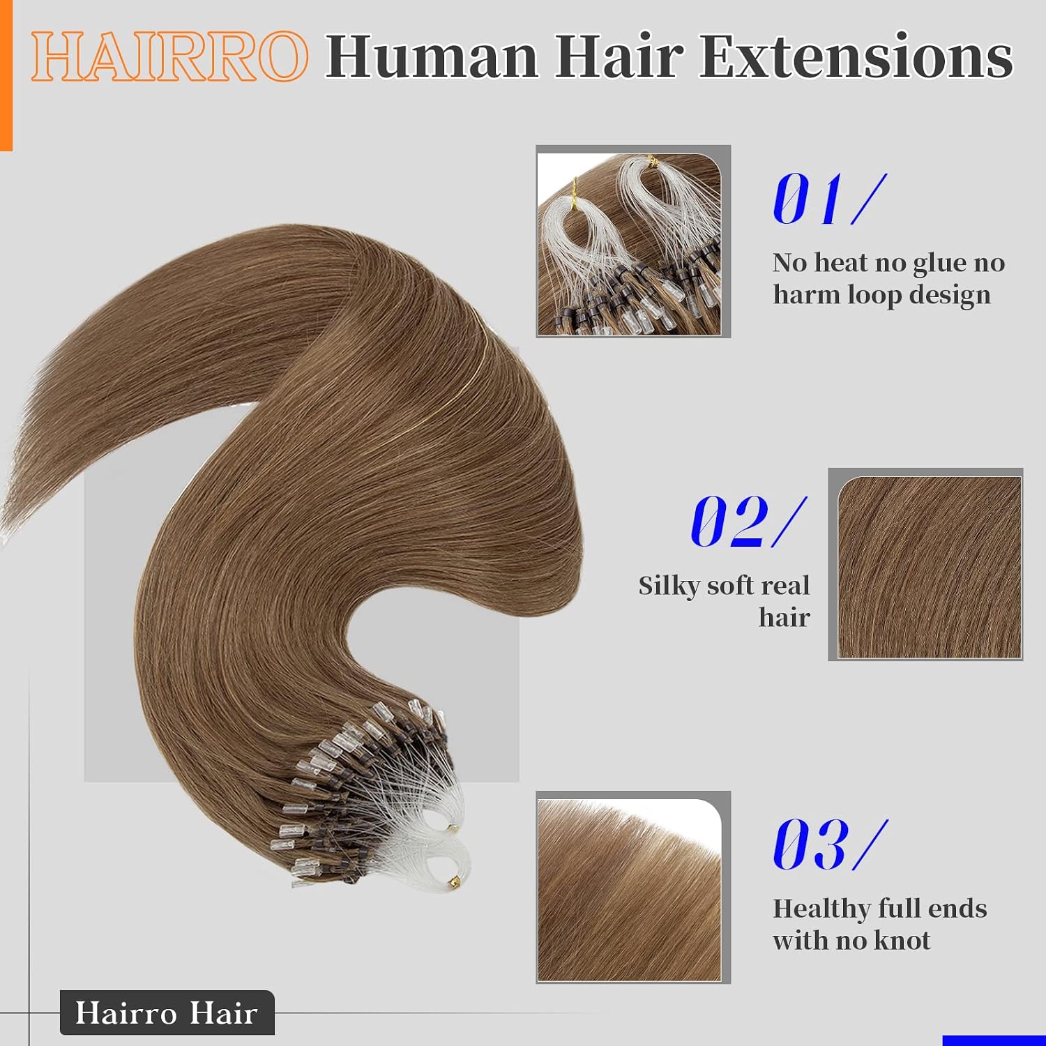 Hairro Micro Link Human Hair Extensions Micro Ring Loop Remy Hair Piece Beads Cold Fusion Stick Tipped Hair Fish Line Straight Real Hair Extension For Women 16 inch 50g 100 Strands #06 Light Brown