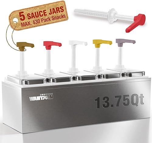 WantJoin Dispensador de salsa comercial, 5 tarros de bomba de acero inoxidable de 2.75 cuartos de galón  2.6 L para salsa de tomate, aderezo de