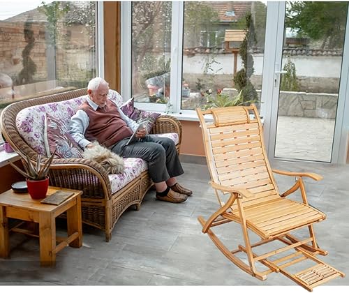 Miniatura 6 de Mecedora de bambú plegable de jardín para tumbonas de ancianos, silla de terraza con cojín, estable y ergonómica de madera, silla de jardín para