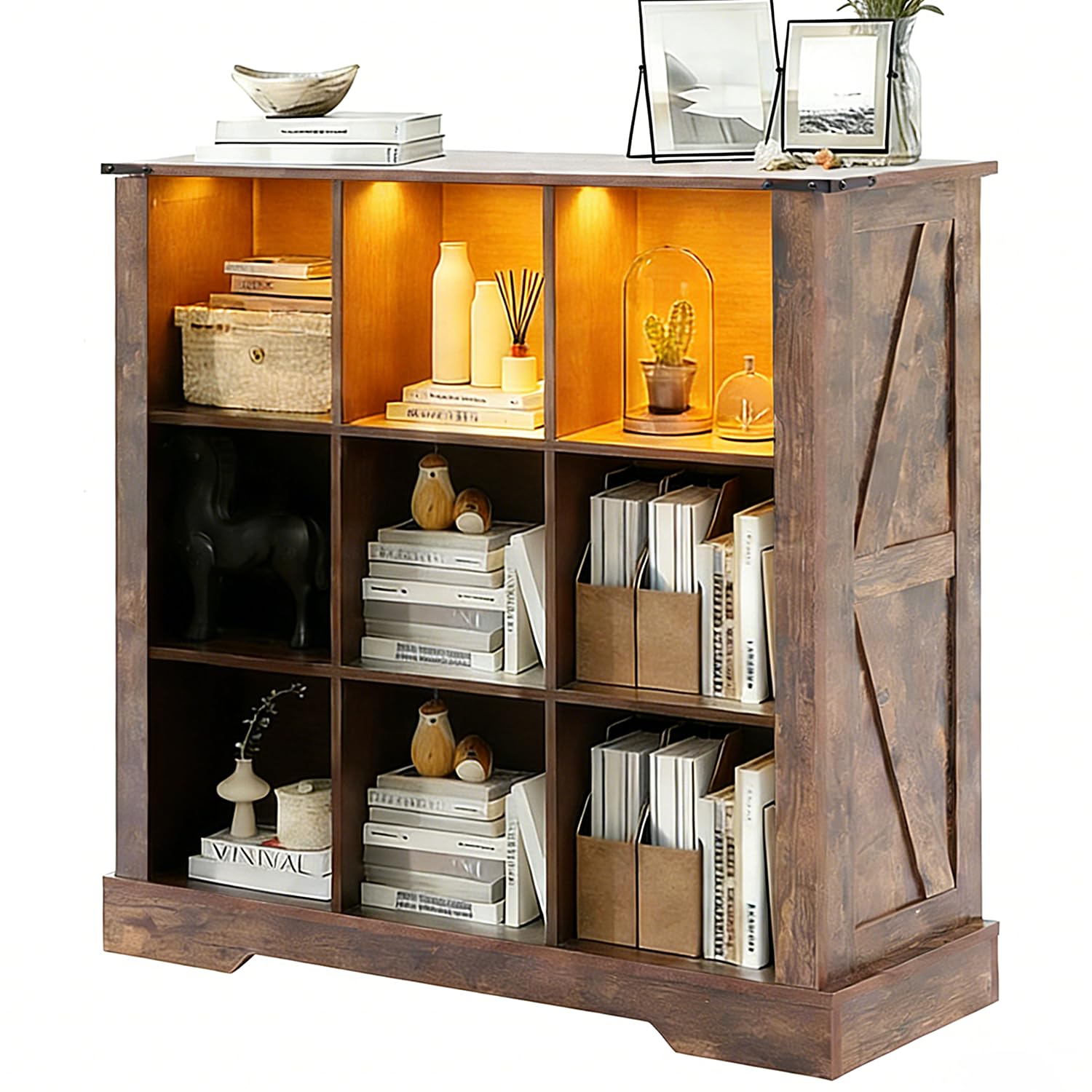 9 Cube Storage Organizer, 3 Tier Book Shelf with Led Lights, Farmhouse Book Shelves for Living Room, Horizontal Toy Storage Bookshelf, Wood Display