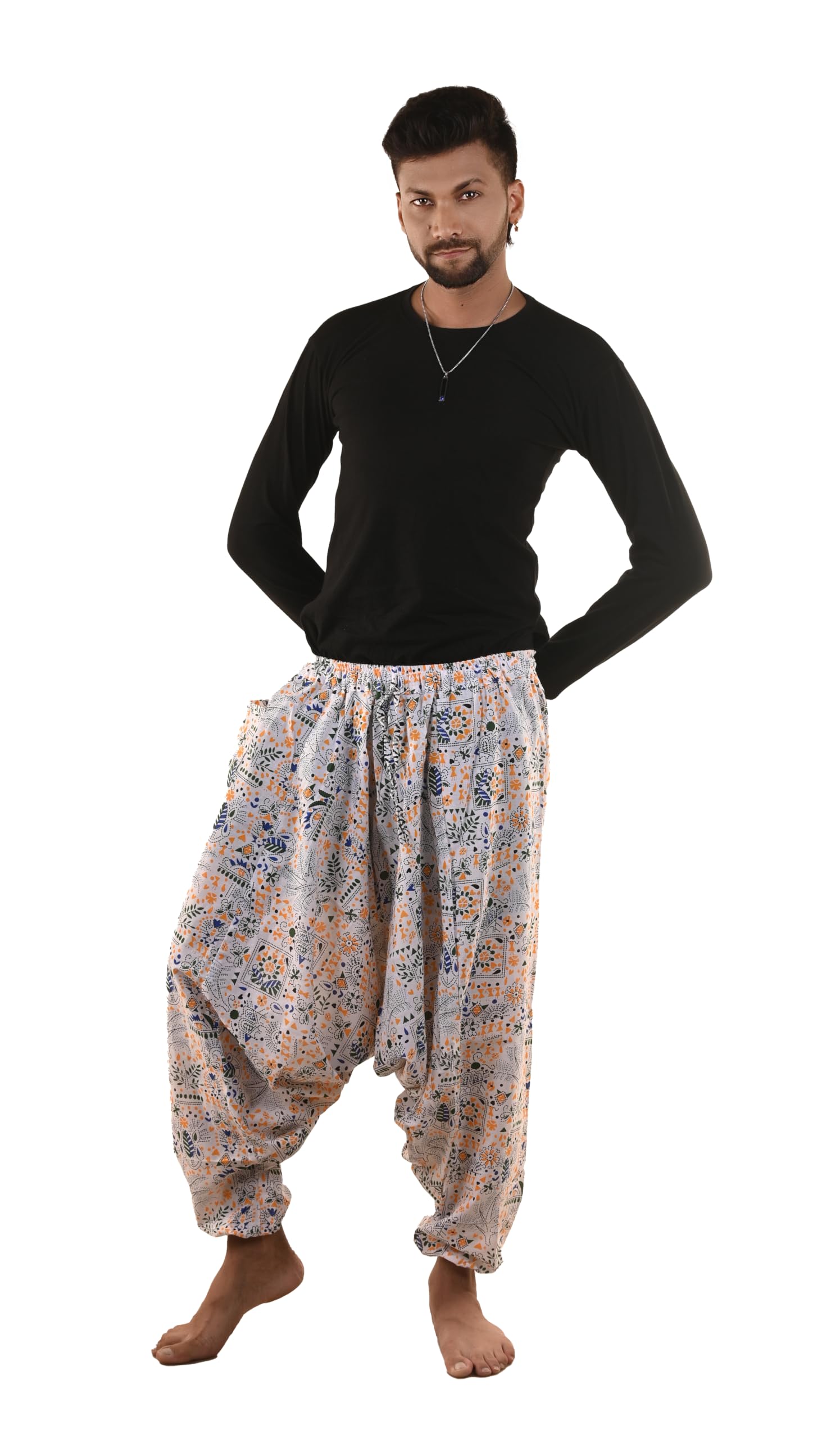 Men's Floral Print Harem Pants with Elastic Waist White-image-49