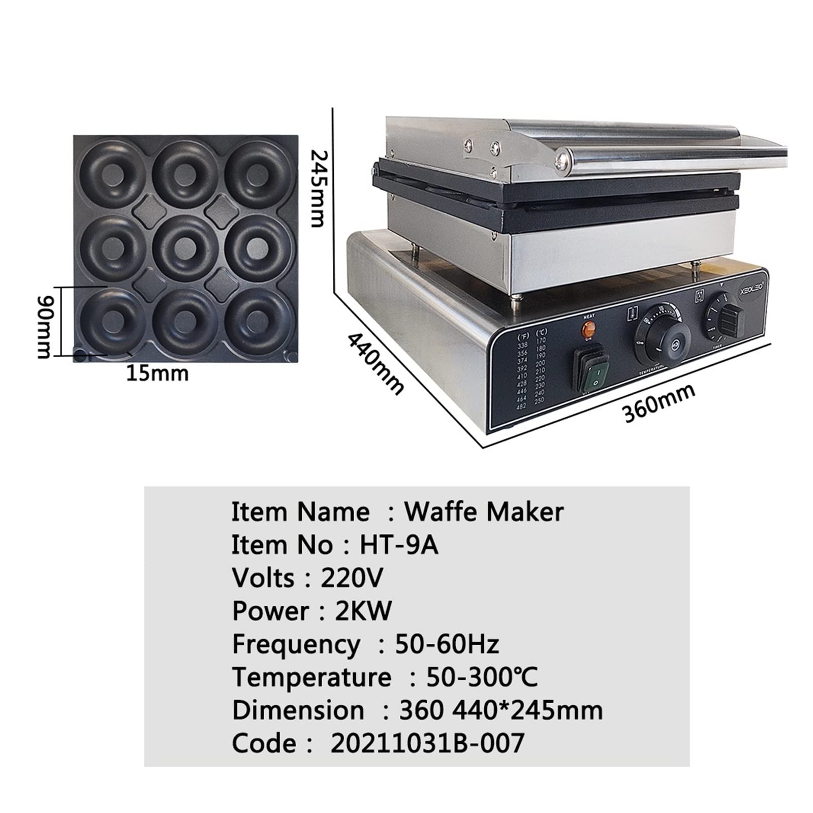 2000W elektryczna gofrownica profesjonalna gofrownica do bąbelków 10Cm urządzenie do robienia pączków 9 sztuk kółek