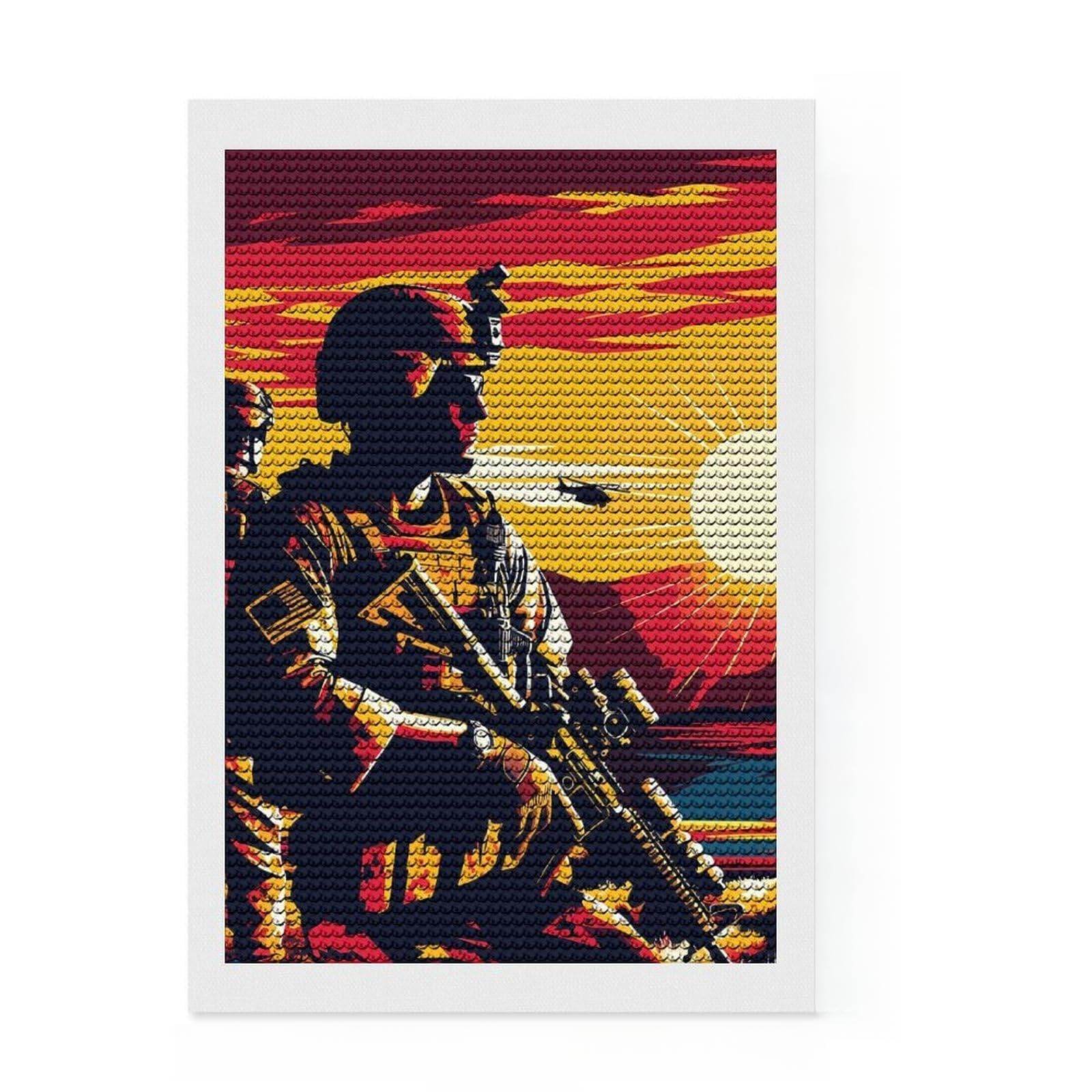 Junmoney Marine Corps Sunset Art DIY Diamond Art Canvas Kit 8"x12", Round Gems, Creative Hobby, Fun Craft Activity, Vintage Style Decor