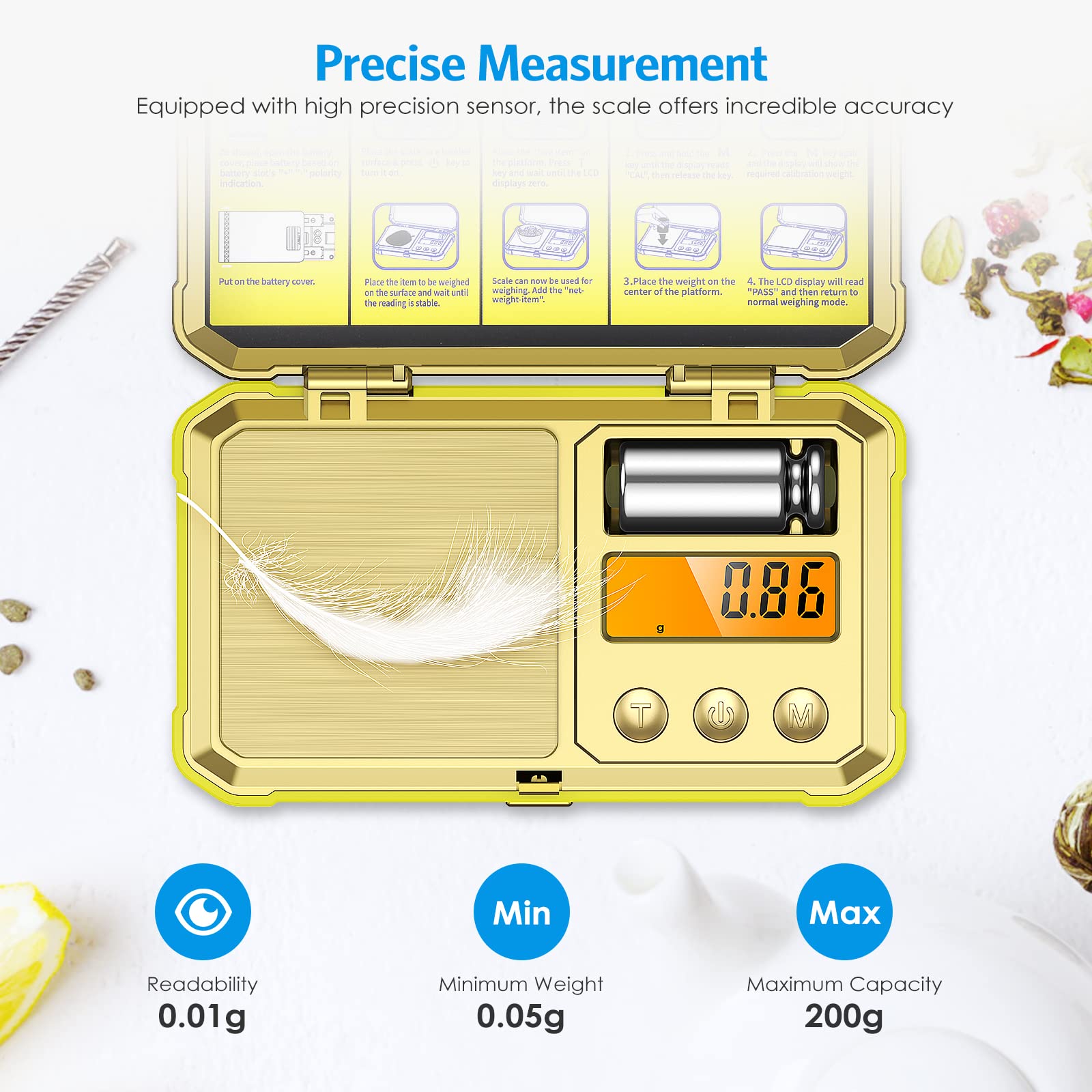 Brifit Waga precyzyjna 0,01 g, 200 g/0,01 g, waga cyfrowa, złota waga, monet, waga kieszonkowa z wyświetlaczem LCD