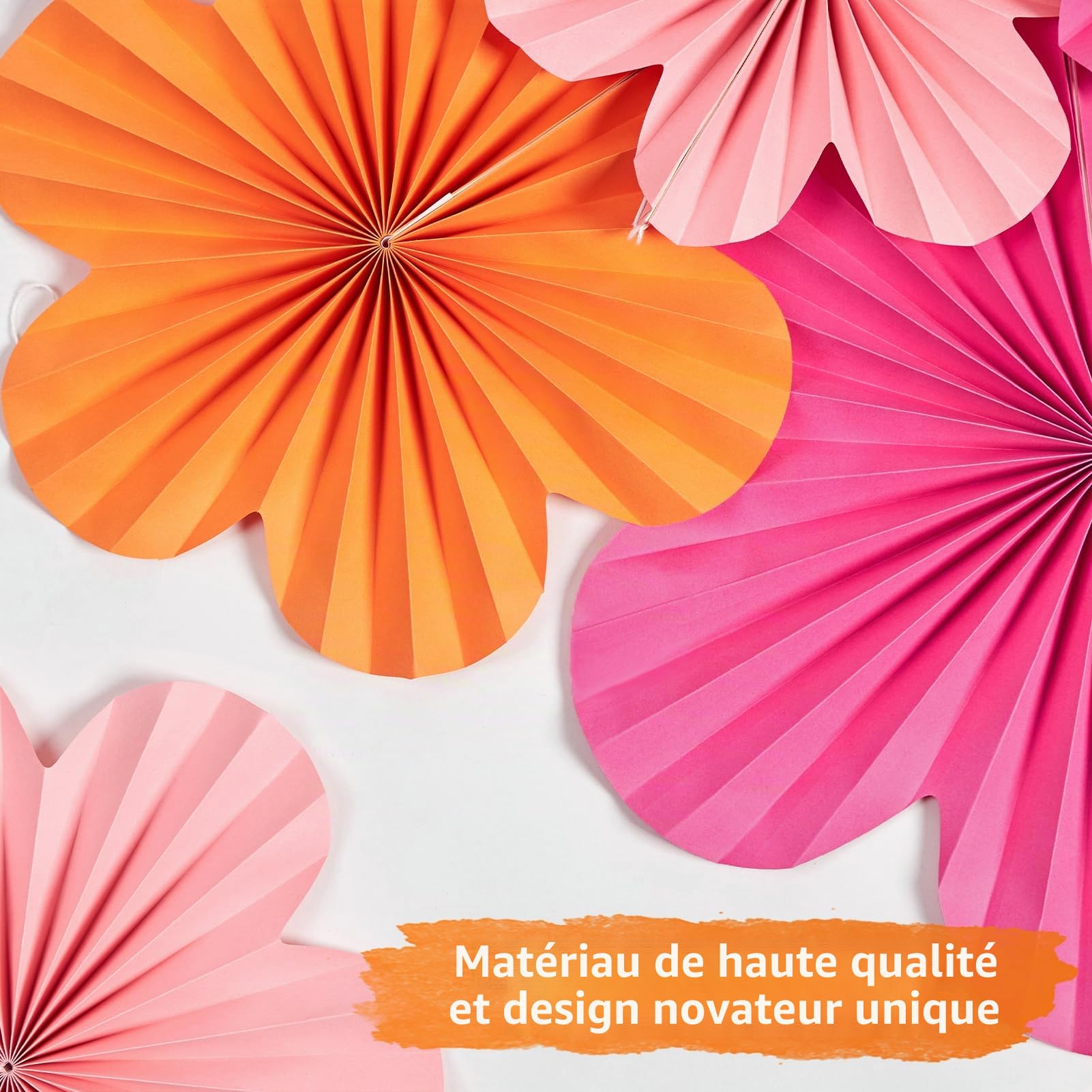 SUNBEAUTY Lot de 9 éventails en papier, guirlande de fleurs orange/rose, à suspendre, décoration de fête pour mariage, anniversaire, salle de classe, baby shower