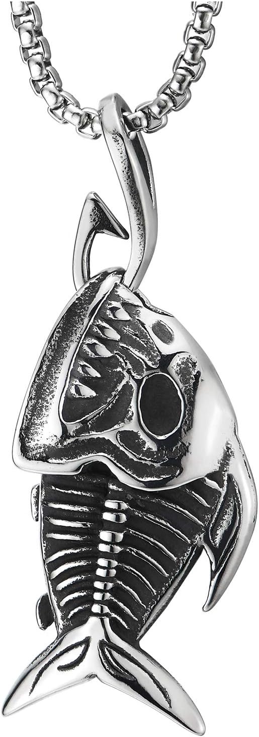 COOLSTEELANDBEYOND Shark Sharp Teeth Fish Skeleton Bone Pendant Necklace Steel Gothic Style, 30 inches Wheat Chain - Image 3