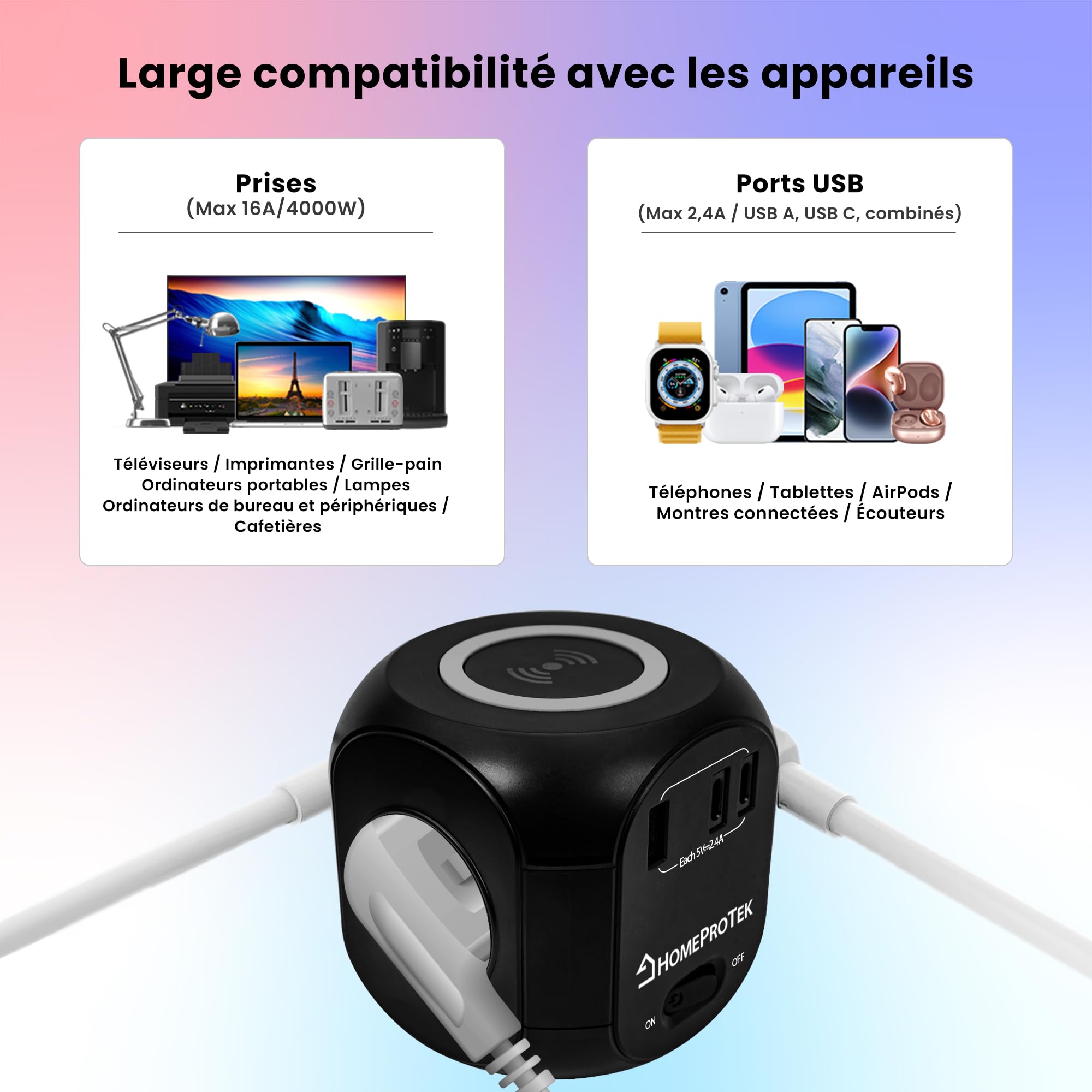HomeProtek Multiprise Cube 3 Prises, USB-A, 2 USB-C, Noir | Chargeur sans fil et interrupteur; rallonge multiprise pour maison ou bureau