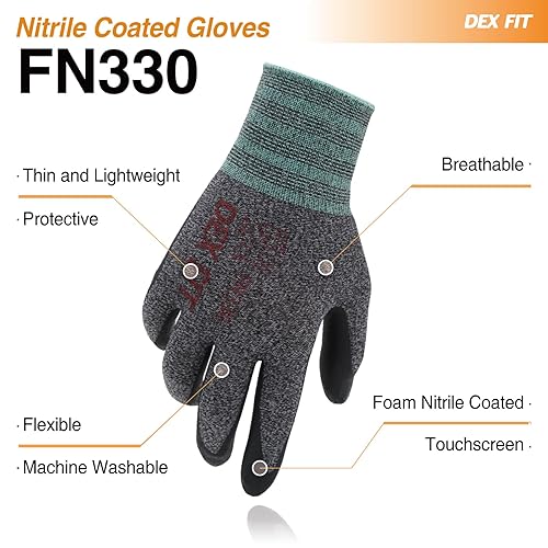 Miniatura 8 de DEX FIT Guantes de trabajo de nitrilo FN330, 12 pares, ajuste elástico 3D, agarre firme, delgados y ligeros, compatibles con pantalla táctil,