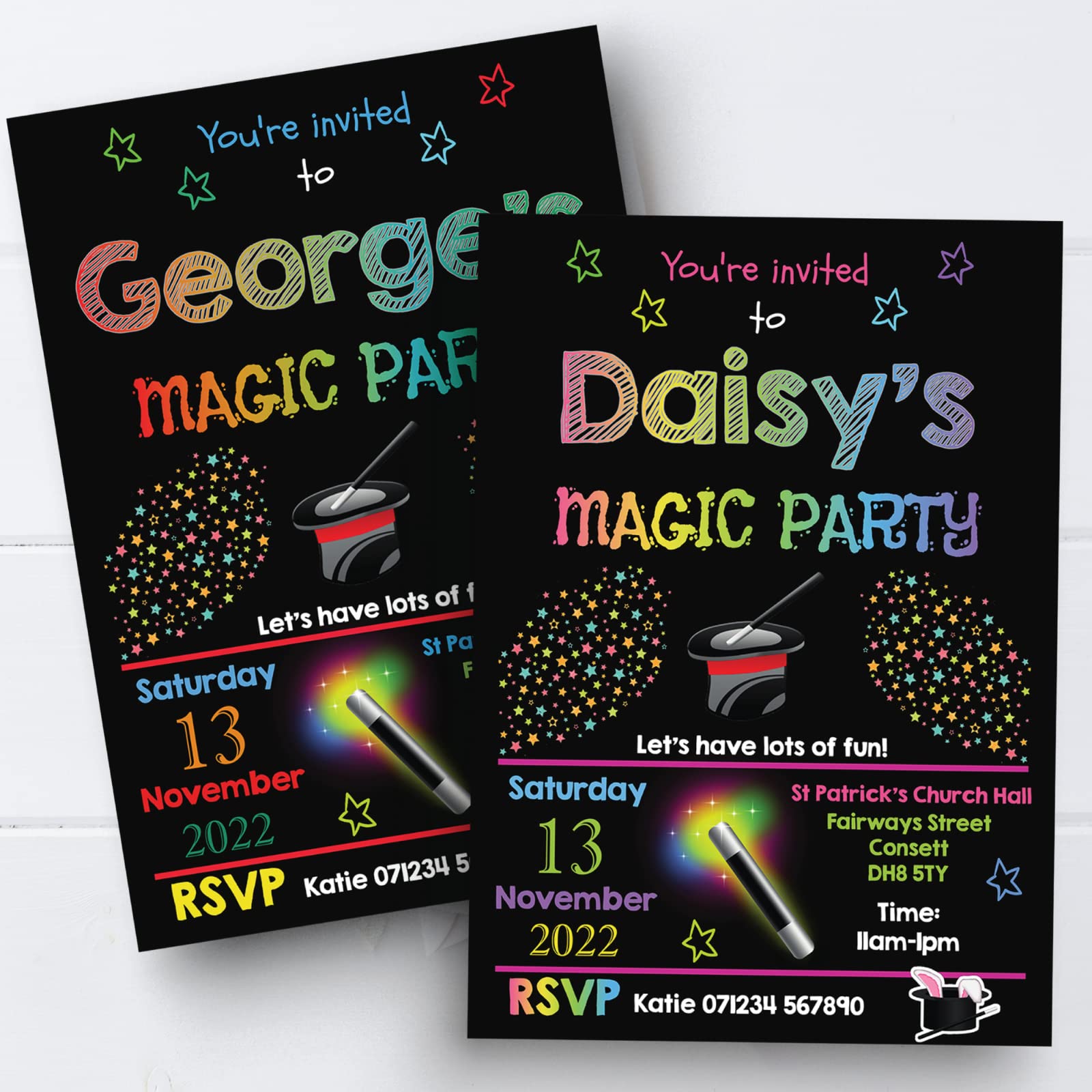 Personal Moments Girls Beige|Black|White 10 Personalised Magic Magician Show Birthday Party Invite Invitation + Envs