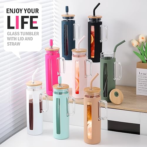Miniatura 7 de Kodrine Vaso de vidrio de 24 onzas con asa, taza de café helado, taza de batido Boba, tapa de bambú, vaso para oficina en casa, color rojo rosa