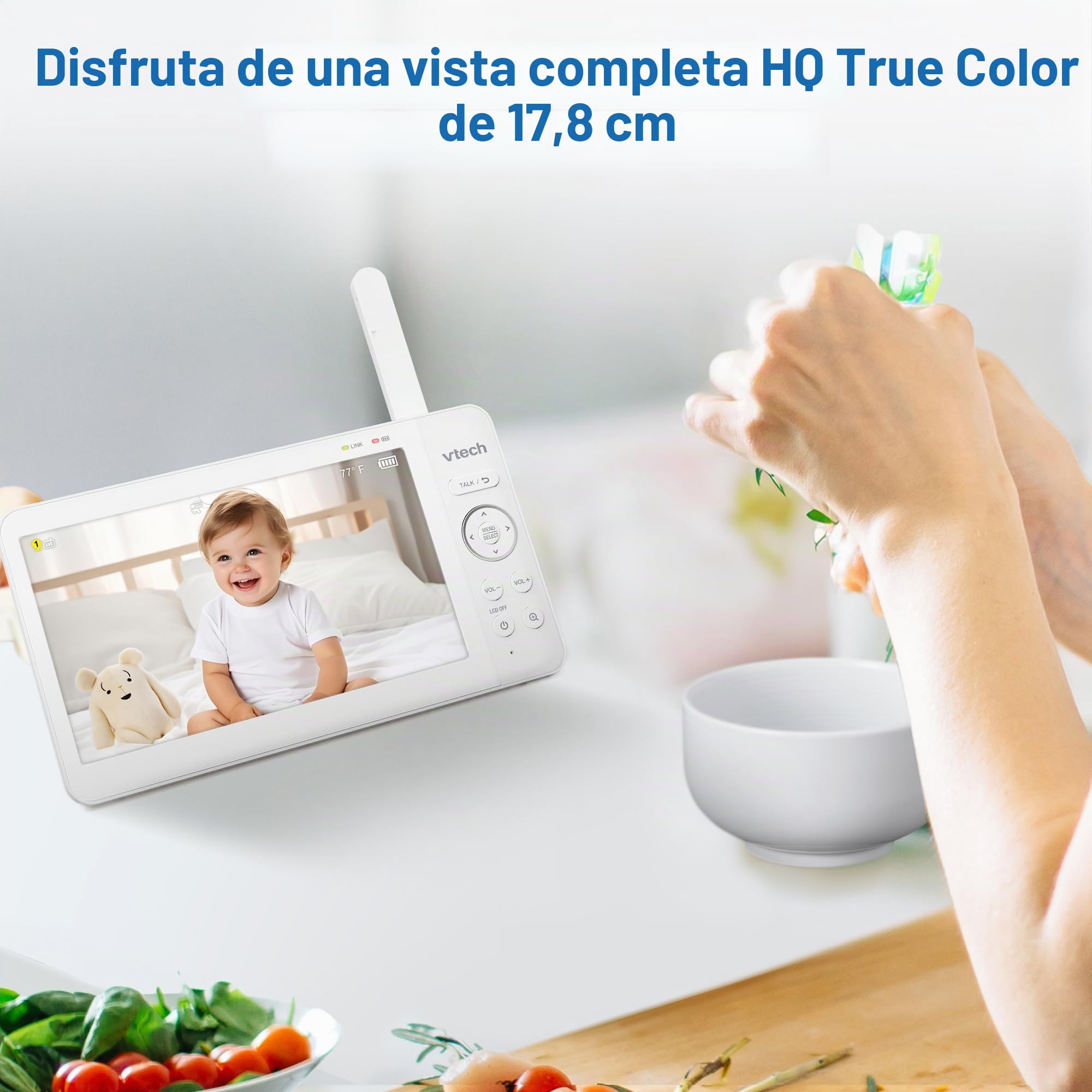 VTech [Monitor de bebé actualizado 2025 con visualización IPS de 7 Pulgadas, cámara panorámica con Zoom panorámico, Monitor de bebé de Video sin WiFi con cámara y Audio, luz Nocturna Multicolor