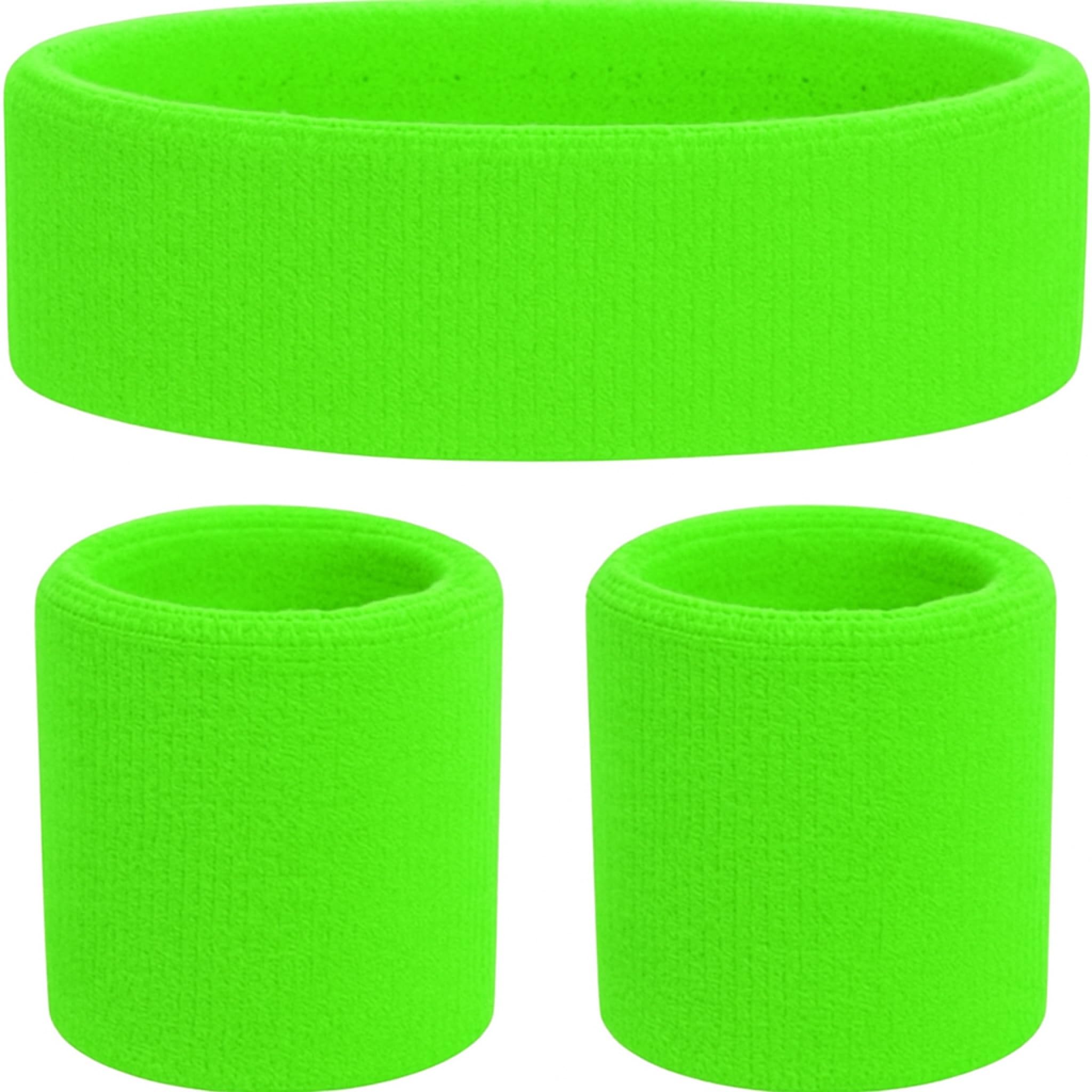 TK Gruppe Timo Klingler 3 in 1 Schweißband grün Set mit Stirnband - als Accessoire Vokuhila Kostüm zu Retro neon 80er 90er Outfit Fasching & Karneval(Schweißband Set Neon Grün)