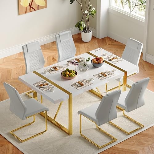 Vista 9 de Juego de mesa de comedor gopop para 6, juego de mesa y sillas de cocina de 6, mesa de 140 cm x 85 cm con acabado de laca blanca brillante y marco