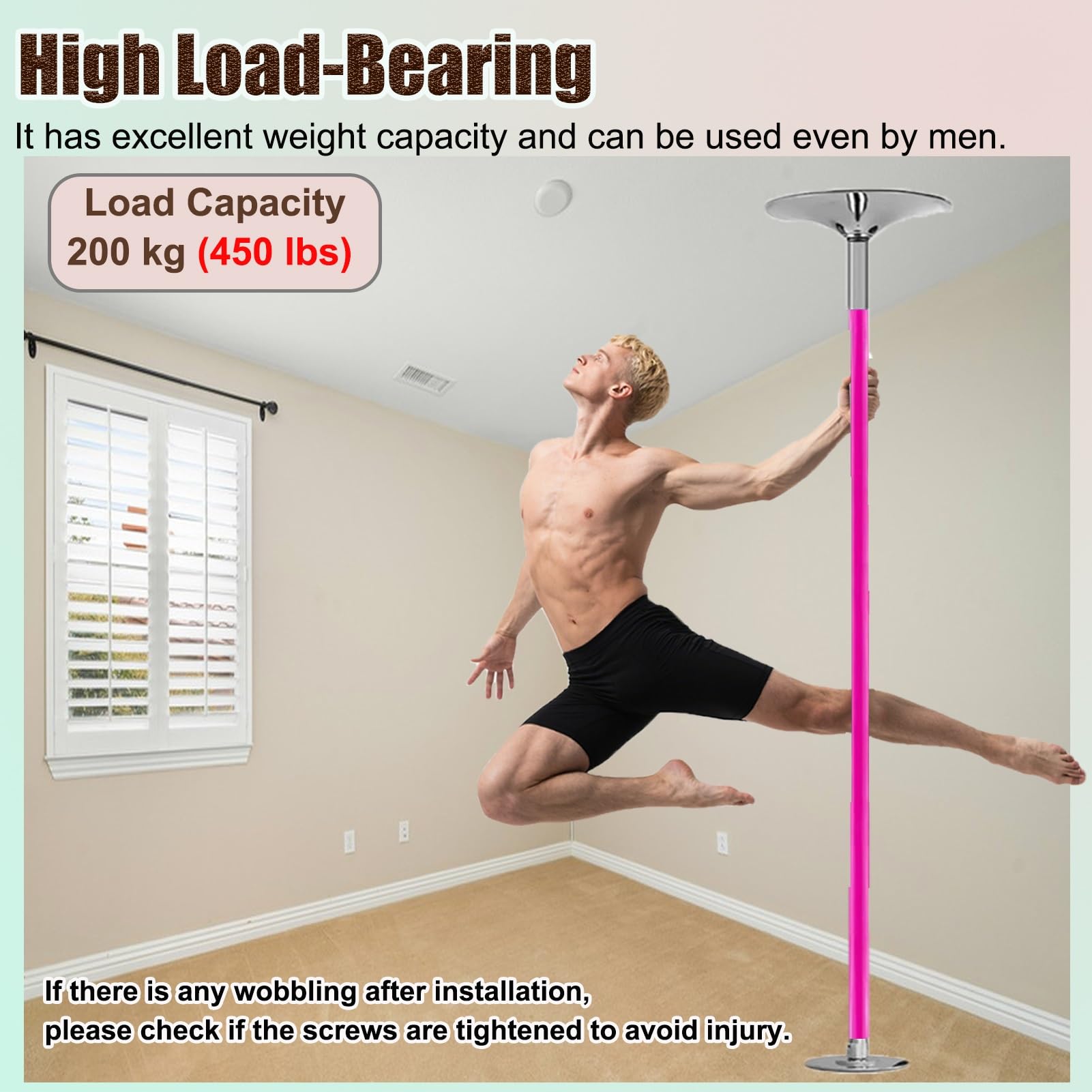 Palo Pole Dance da Casa Palo da Ballo Rotante da 45 mm e Palo di Prolunga, Rosa Palo a Strisce con Ordito in Silicone e Piastra Fissa, 2.3-2.75 m((2.3-2.75m/7.5-9ft) pole Set)