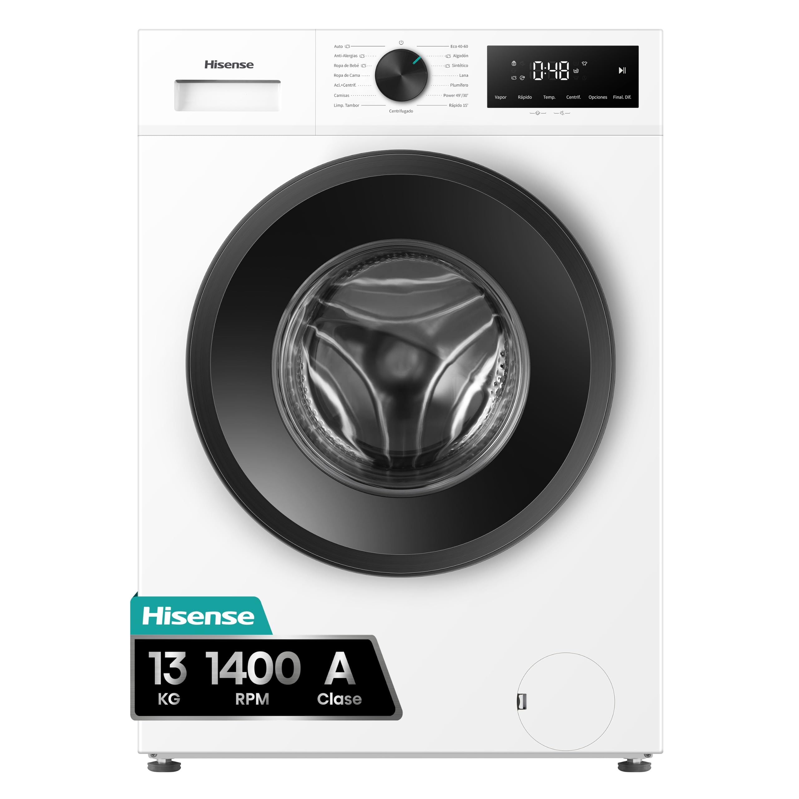 Hisense WF1I1342BWM - Lavadora 13 Kg, 1400 rpm, Clase A, Fondo 64cm, Lav. Power 49’ y Rápido 15', Dispensador Automix, Programa Lavado Auto, Función Antiarrugas, Función Vapor 99,9%, Blanco