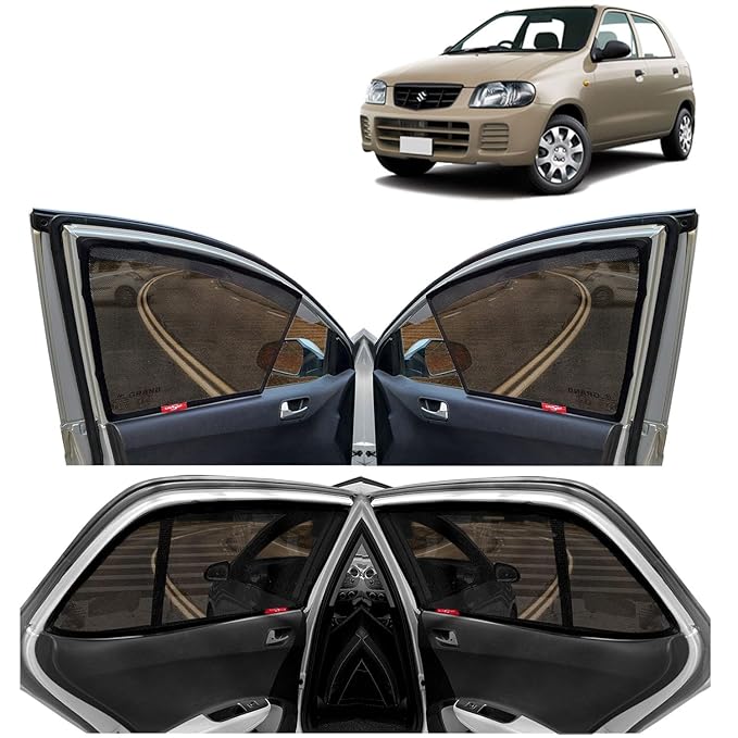 KINGSWAY® Alto Car Sun Shade Half Cut Magnetic Curtains for 2000 to 2012 Model, Compatible with Maruti Suzuki Alto Side Window Car Sunshade, Only Half Cut in Front Window, Black, 4 Pieces