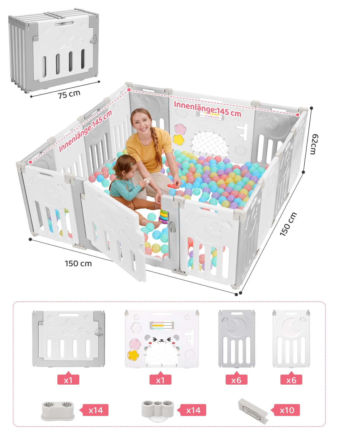 Dripex Laufstall Baby Faltbar, for Baby & Toddlers Kleinkinderzimmer, Möbel | Großes Laufgitter Baby mit verstellbarer Form,Erweiterbar mit Tür und Spielbrett für Innen/Außen,14 Panels/150x150cm/GrauWeiß