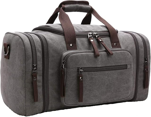 Duffle Bag, Unisex Canvas Holdall, Large Travel Duffles Travel Carry On Duffle Bags Overnight Weekend Weekender Bag Travel Tote for Men and Women Grey