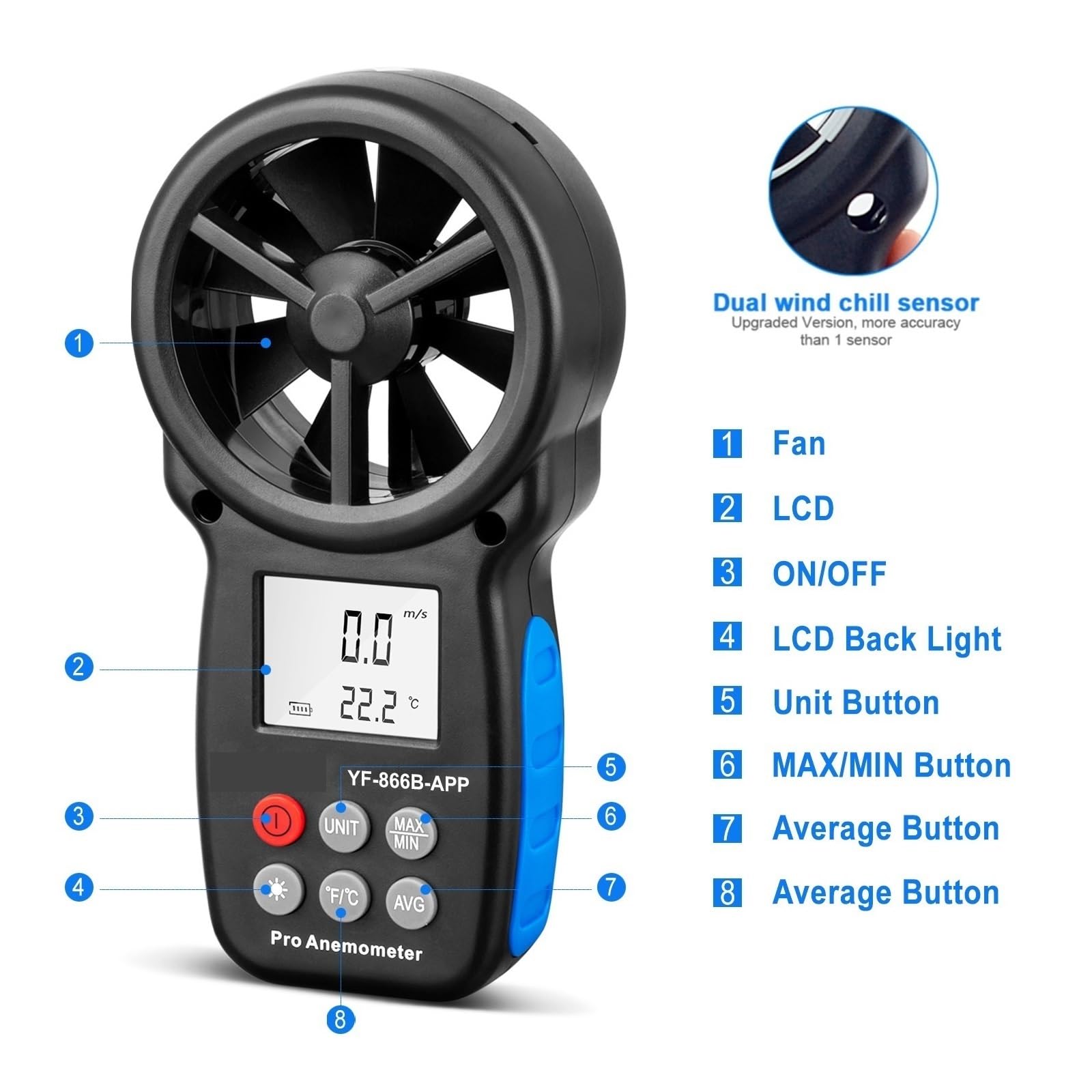Medidor de flujo digital Anemómetro Digital 866A/866B/866B-APP, medidor de velocidad del viento, mide la temperatura del viento y el flujo del viento con retención de datos y USB para agua diesel quer