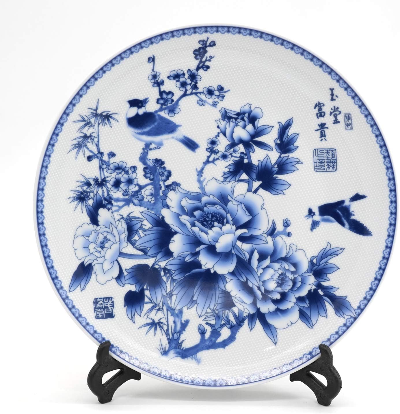Chinese Blue & White Porcelain Plate of 10‘’ Oriental Floral Pattern Ceramic Craft for Decorative Ornaments (Flower and Magpie)
